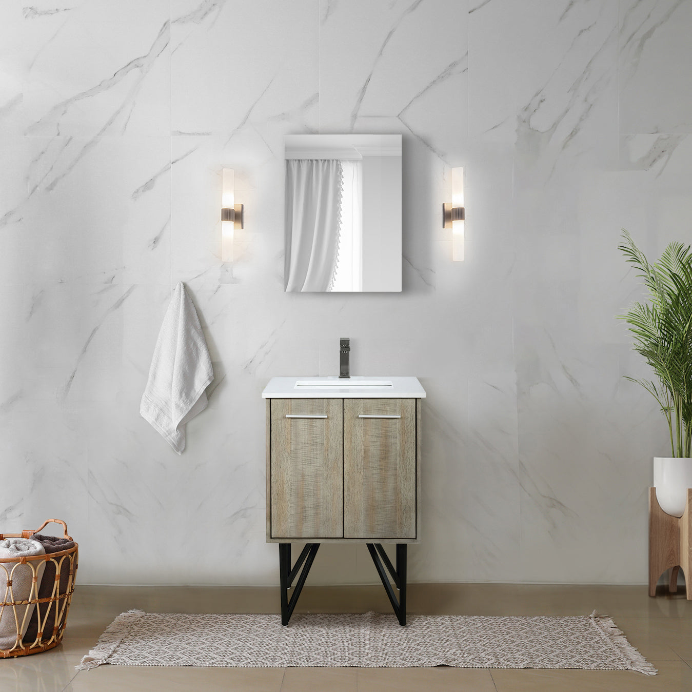 Lancy 24" Rustic Acacia Bathroom Vanity, White Quartz Top, White Square Sink, Balzani Gun Metal Faucet Set, and 18" Frameless Mirror