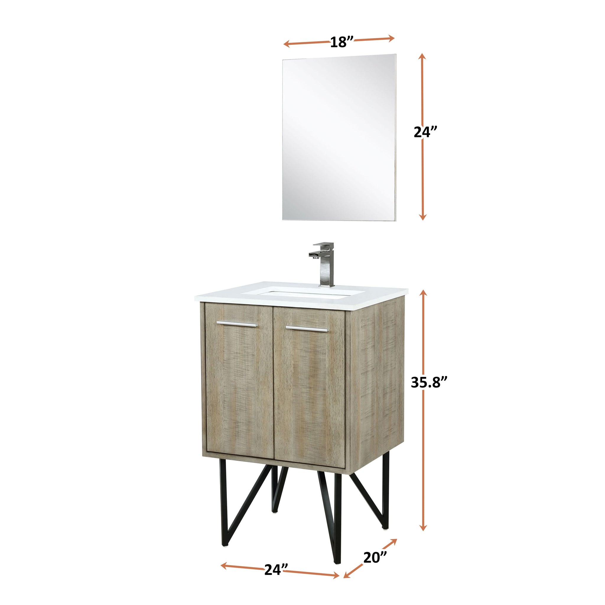 Lancy 24 in. Rustic Acacia  Freestanding Bathroom Vanity with White Quartz Top, White Square Sink, and Balzani Gun Metal Faucet Set