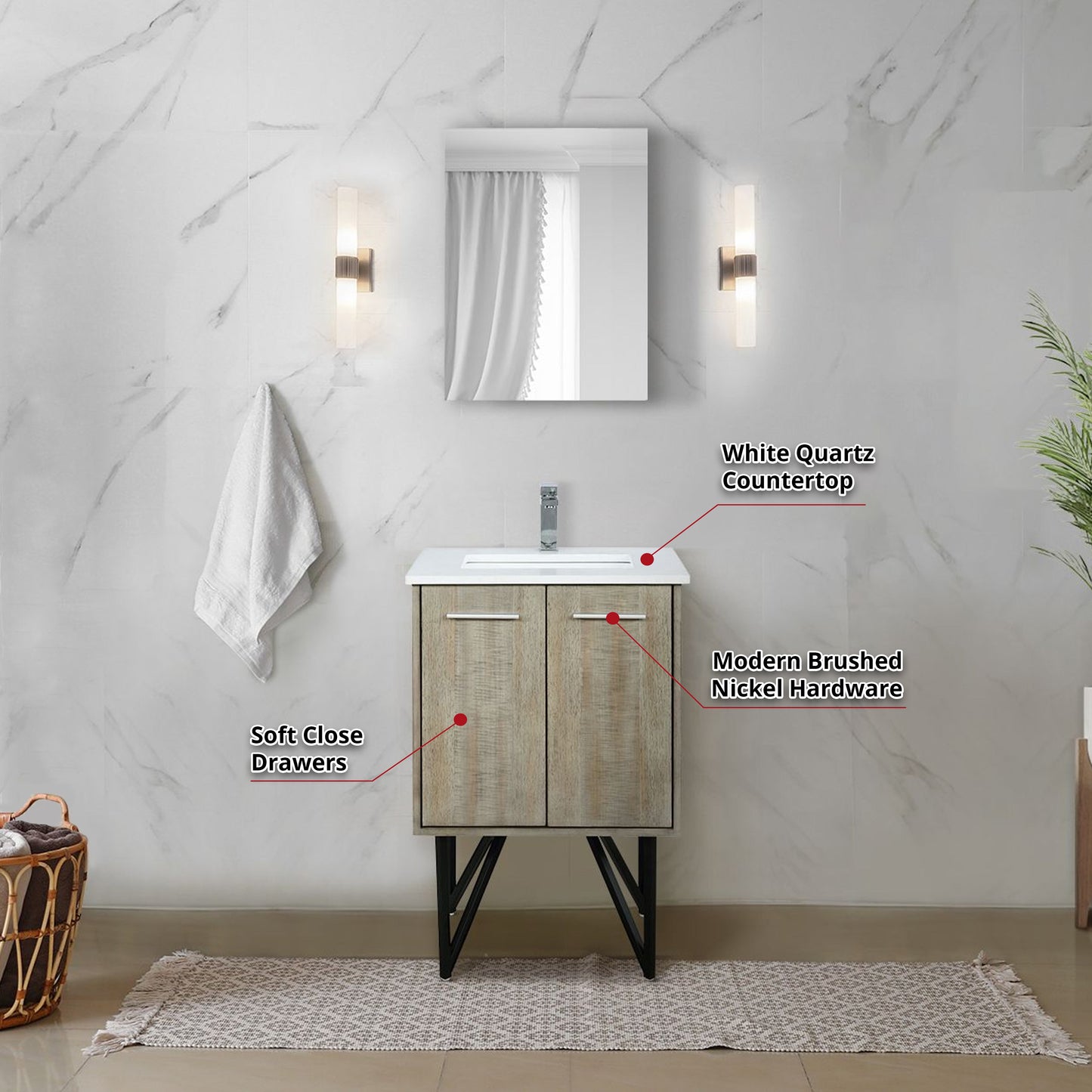 Lancy 24 in. Rustic Acacia  Freestanding Bathroom Vanity with White Quartz Top, White Square Sink, and Balzani Gun Metal Faucet Set
