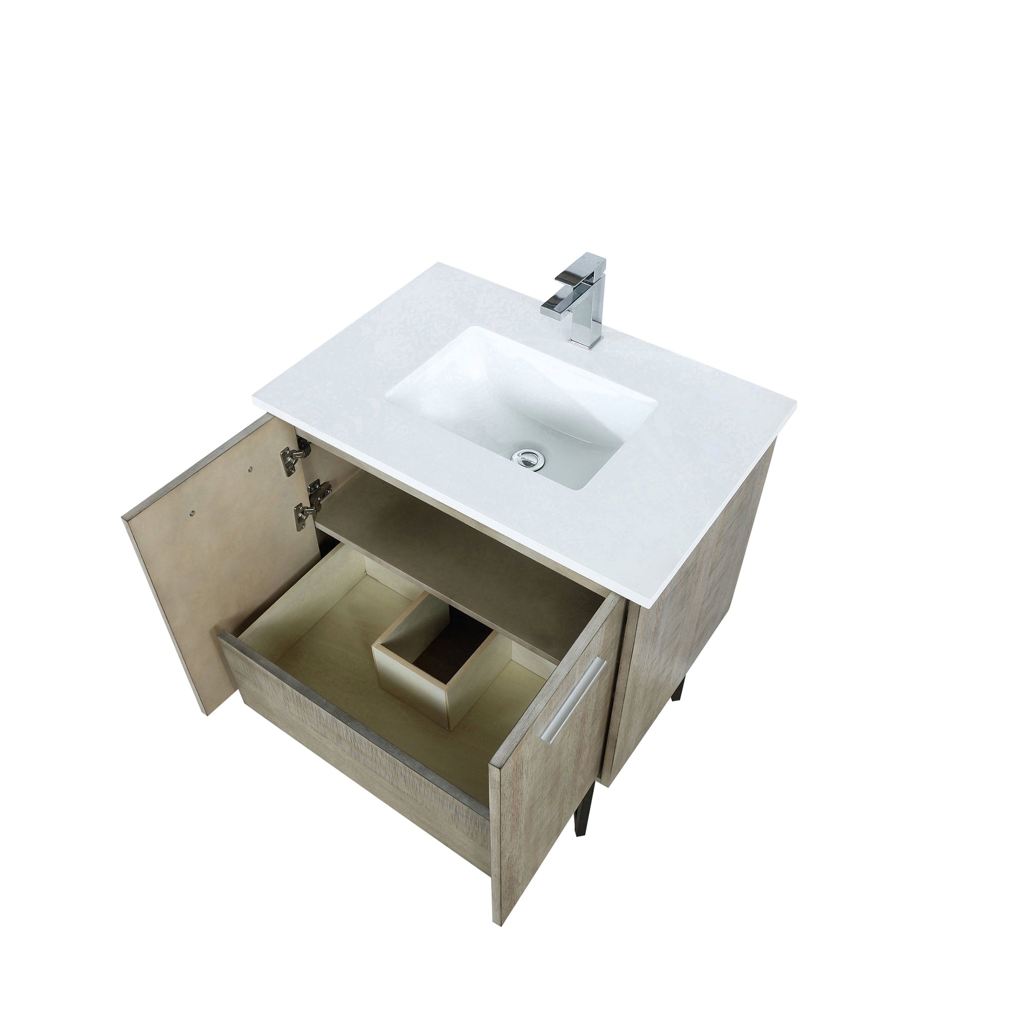 Lancy 30 in. Rustic Acacia  Freestanding Bathroom Vanity with White Quartz Top, White Square Sink, and Monte Chrome Faucet Set