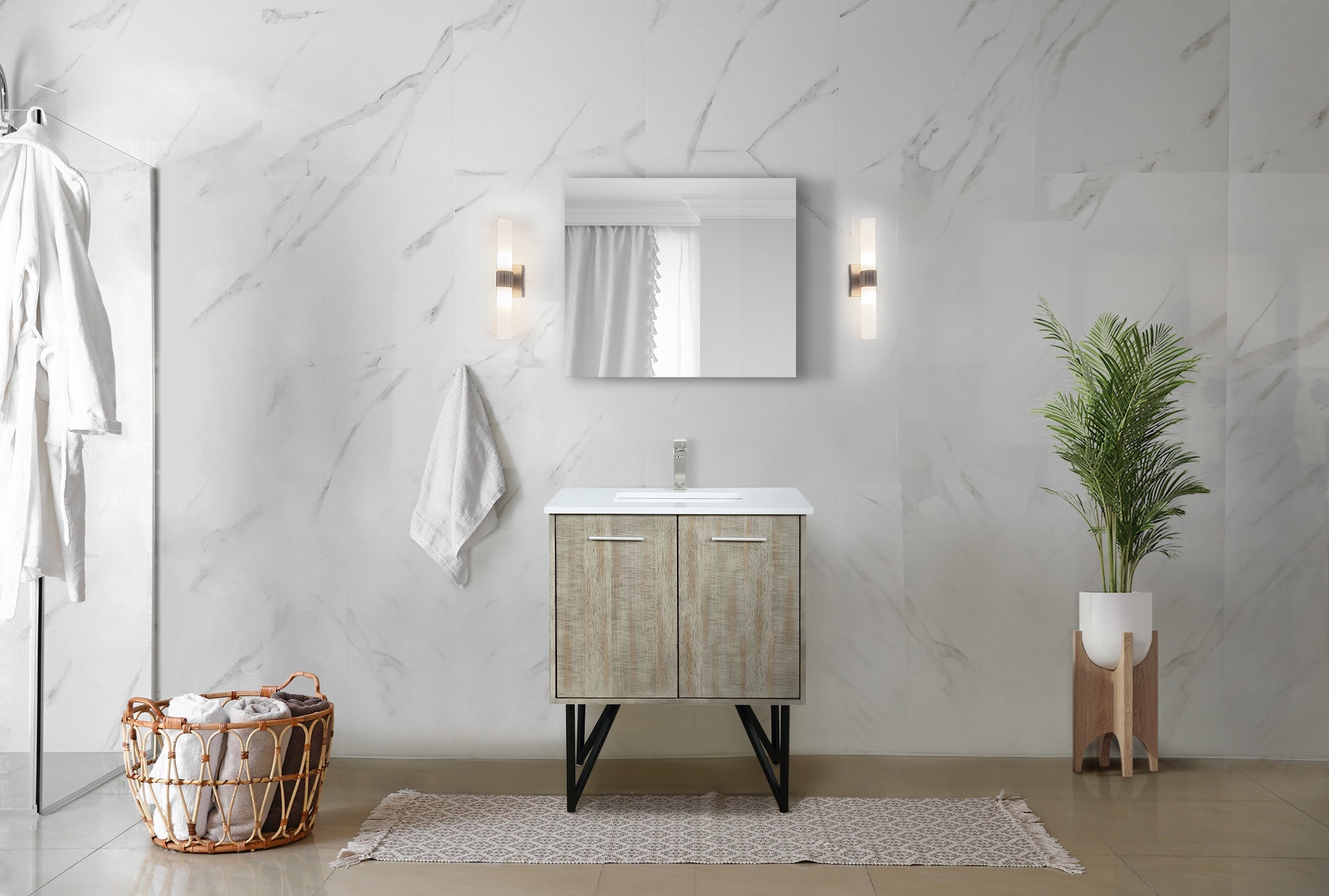 Lancy 30" Rustic Acacia Bathroom Vanity, White Quartz Top, White Square Sink, and 28" Frameless Mirror