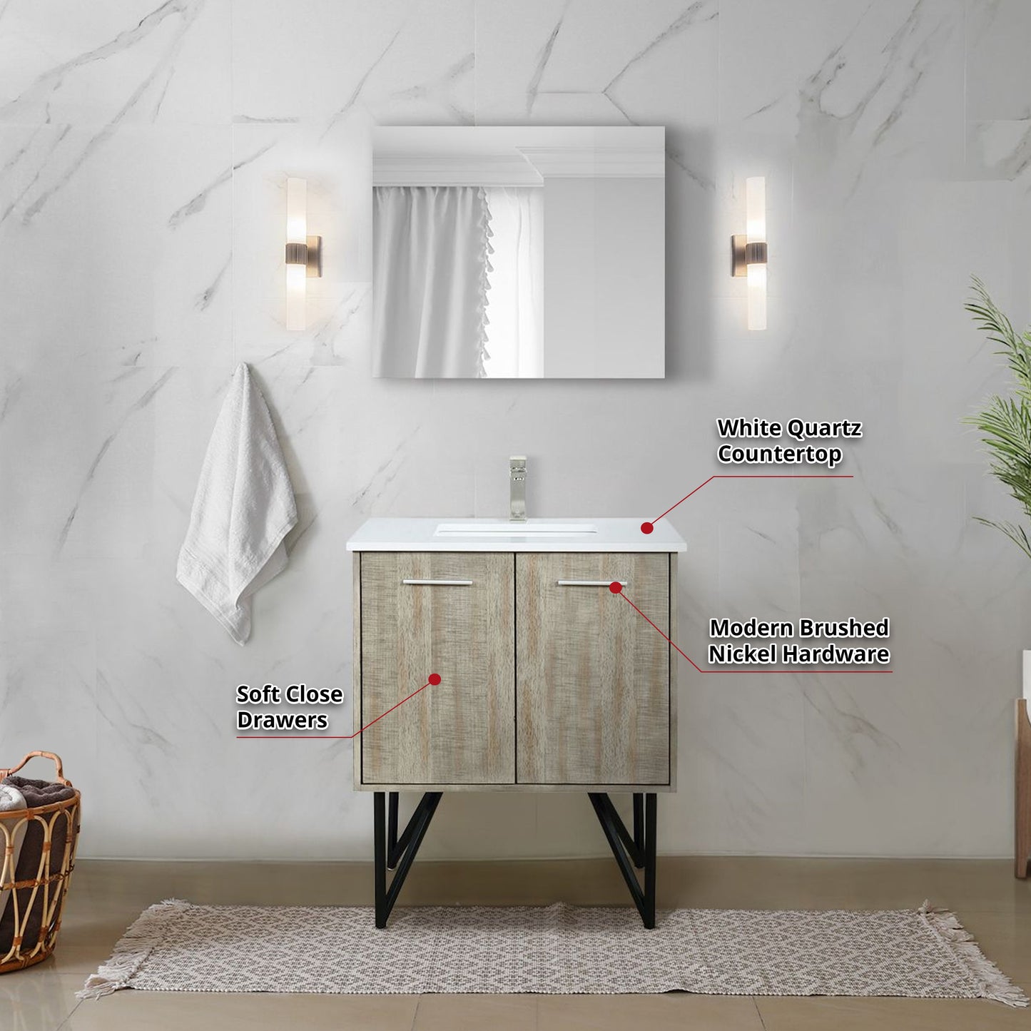 Lancy 30" Rustic Acacia Bathroom Vanity, White Quartz Top, White Square Sink, and 28" Frameless Mirror