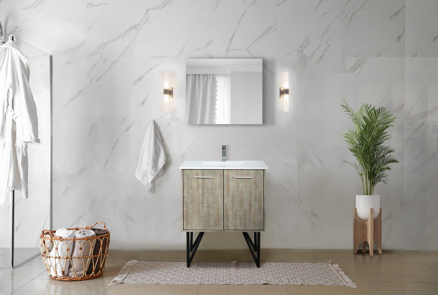 Lancy 30" Rustic Acacia Bathroom Vanity, White Quartz Top, White Square Sink, Monte Chrome Faucet Set, and 28" Frameless Mirror