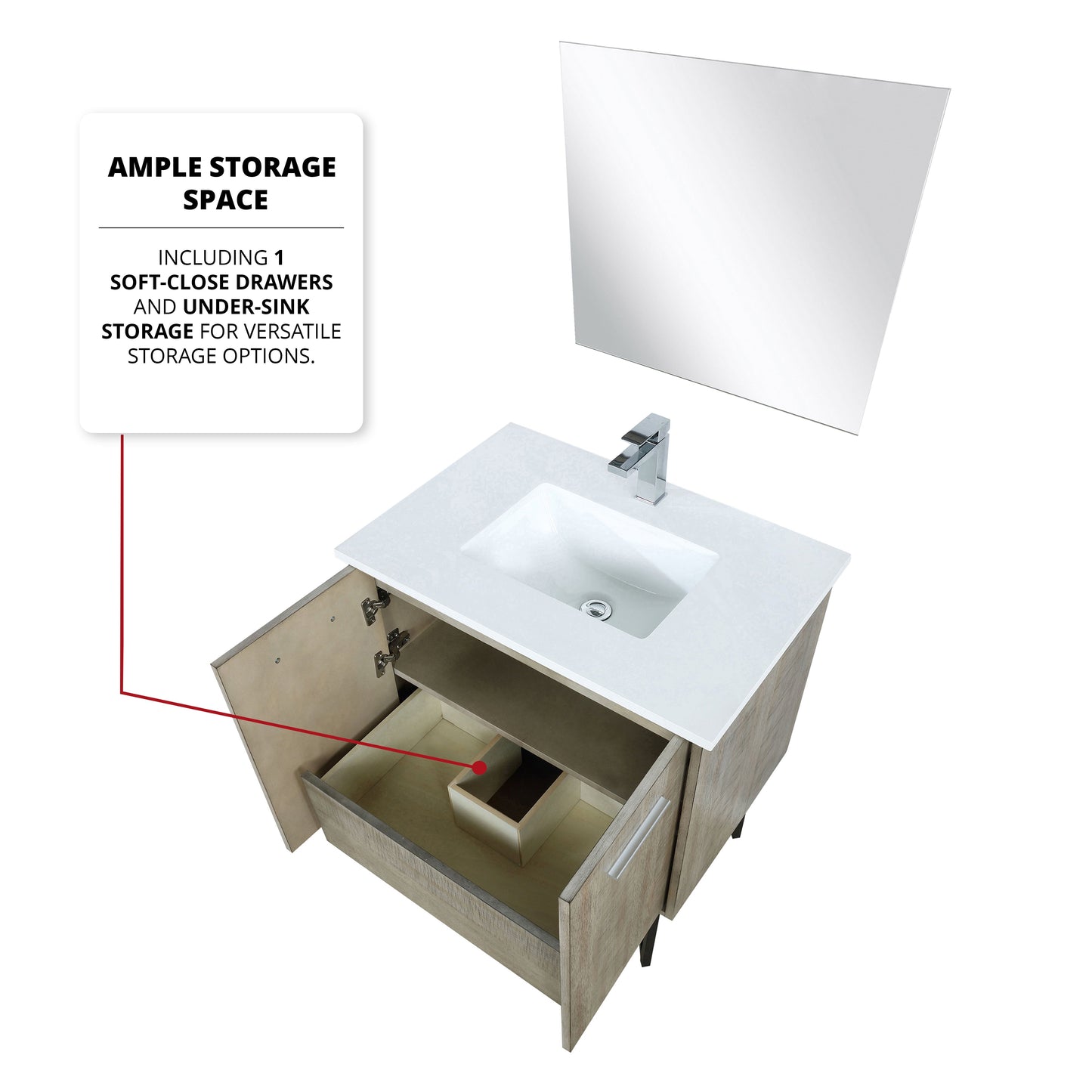 Lancy 30 in. Rustic Acacia  Freestanding Bathroom Vanity with White Quartz Top, White Square Sink, and Monte Chrome Faucet Set