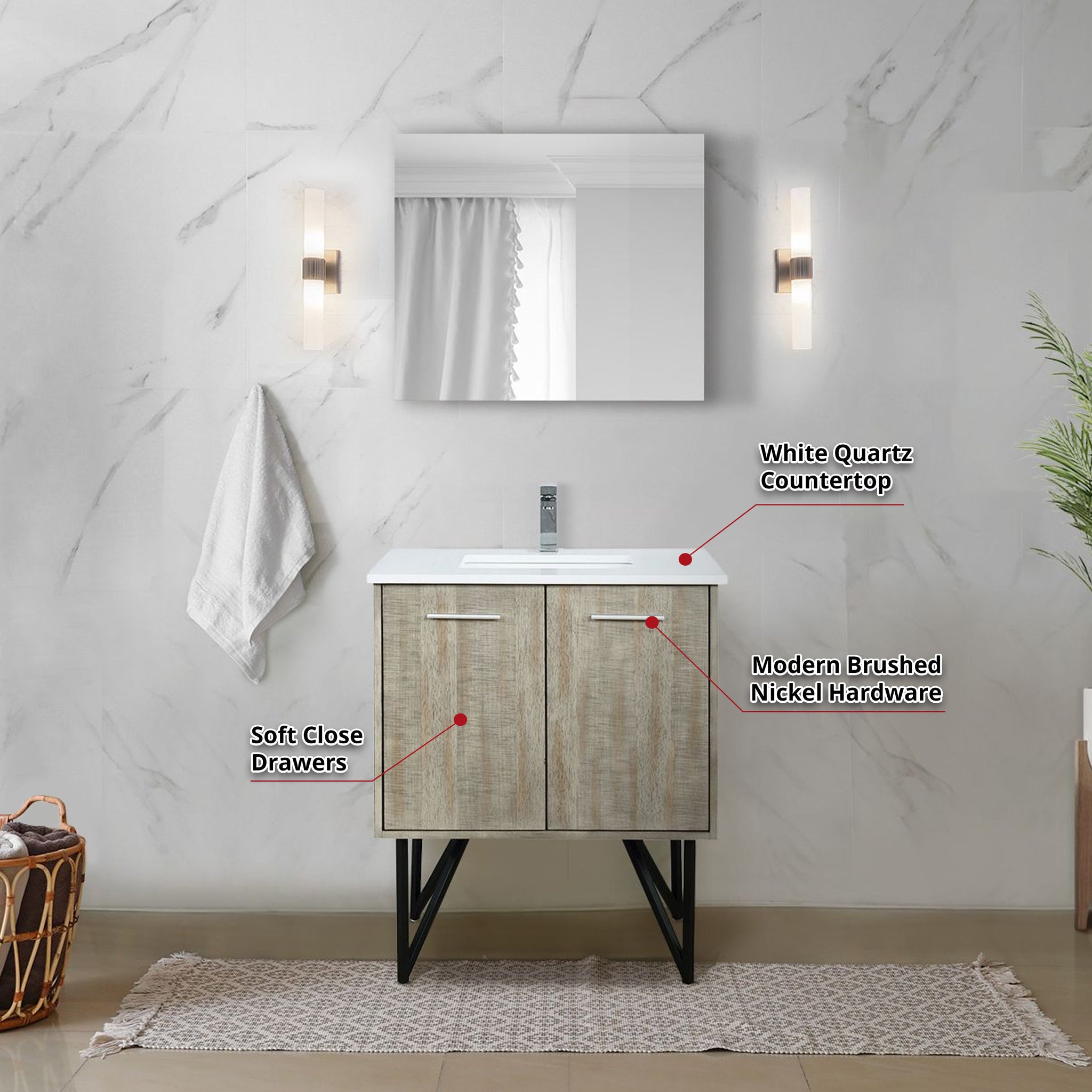 Lancy 30" Rustic Acacia Bathroom Vanity, White Quartz Top, White Square Sink, Monte Chrome Faucet Set, and 28" Frameless Mirror