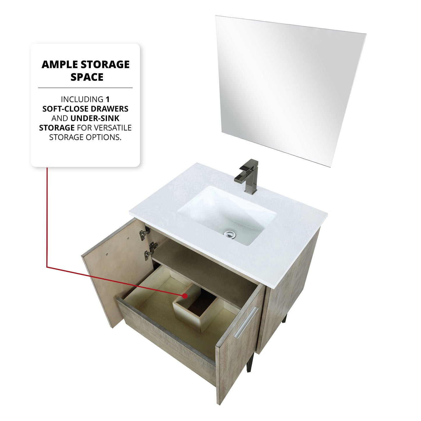 Lancy 30 in. Rustic Acacia  Freestanding Bathroom Vanity with White Quartz Top, White Square Sink, and Balzani Gun Metal Faucet Set