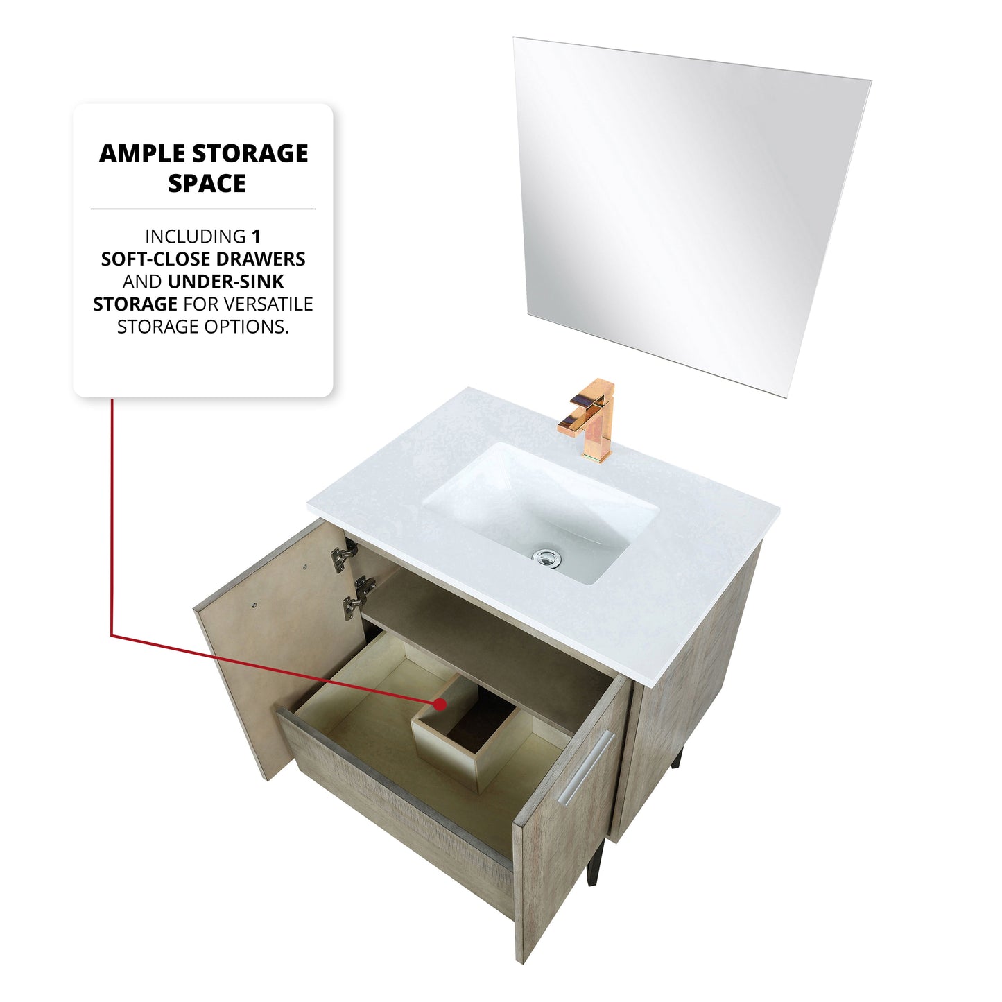 Lancy 30" Rustic Acacia Bathroom Vanity, White Quartz Top, White Square Sink, and 28" Frameless Mirror