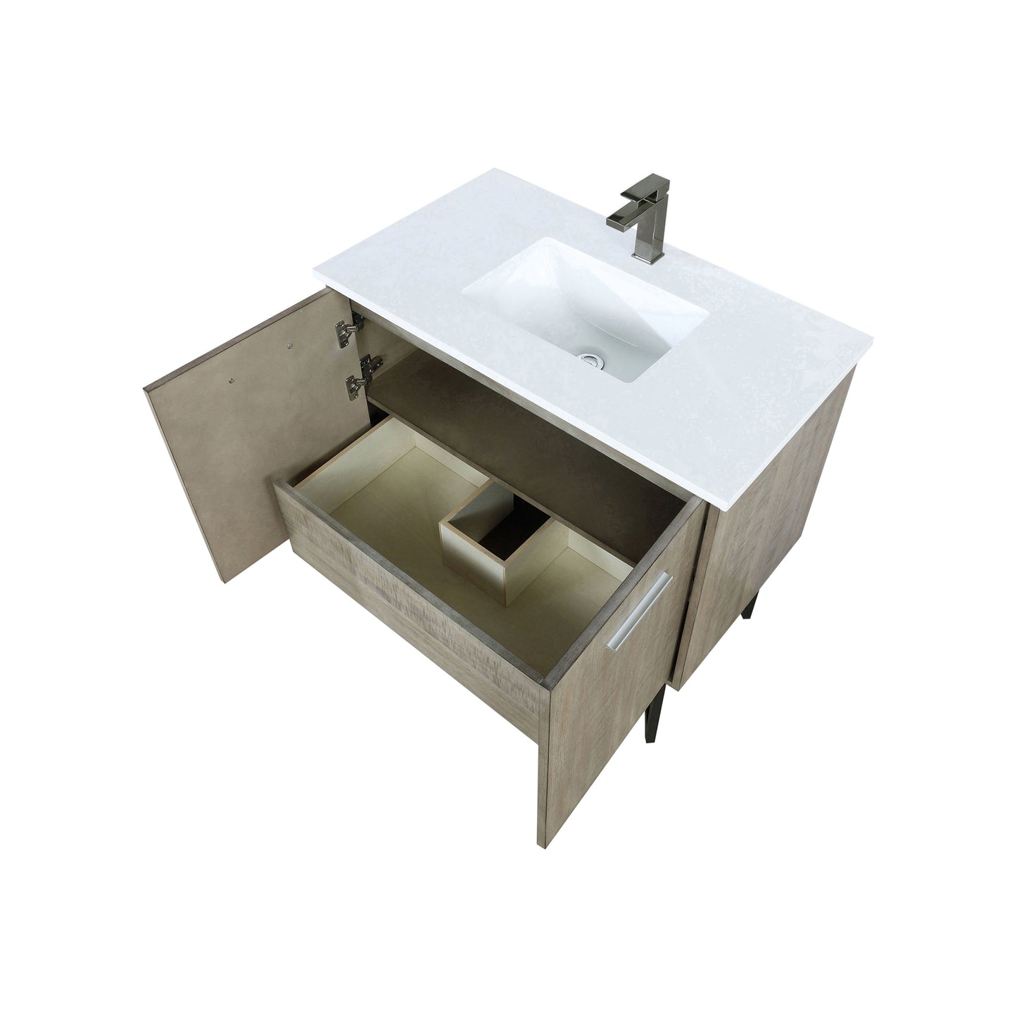 Lancy 36 in. Rustic Acacia  Freestanding Bathroom Vanity with White Quartz Top, White Square Sink, and Balzani Gun Metal Faucet Set