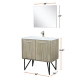 Lancy 36" Rustic Acacia Bathroom Vanity, White Quartz Top, White Square Sink, Labaro Brushed Nickel Faucet Set, and 28" Frameless Mirror