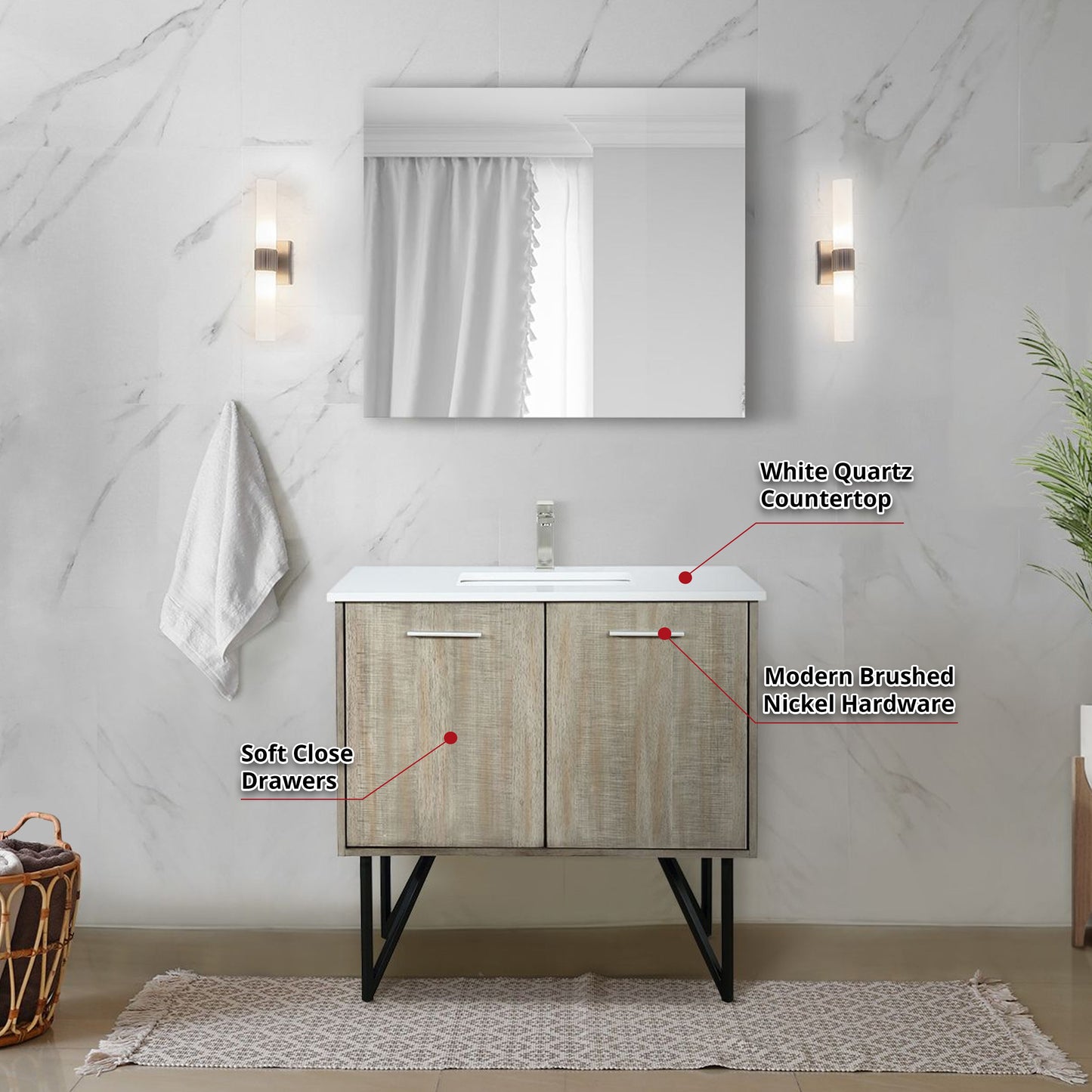 Lancy 36" Rustic Acacia Bathroom Vanity, White Quartz Top, White Square Sink, Labaro Brushed Nickel Faucet Set, and 28" Frameless Mirror