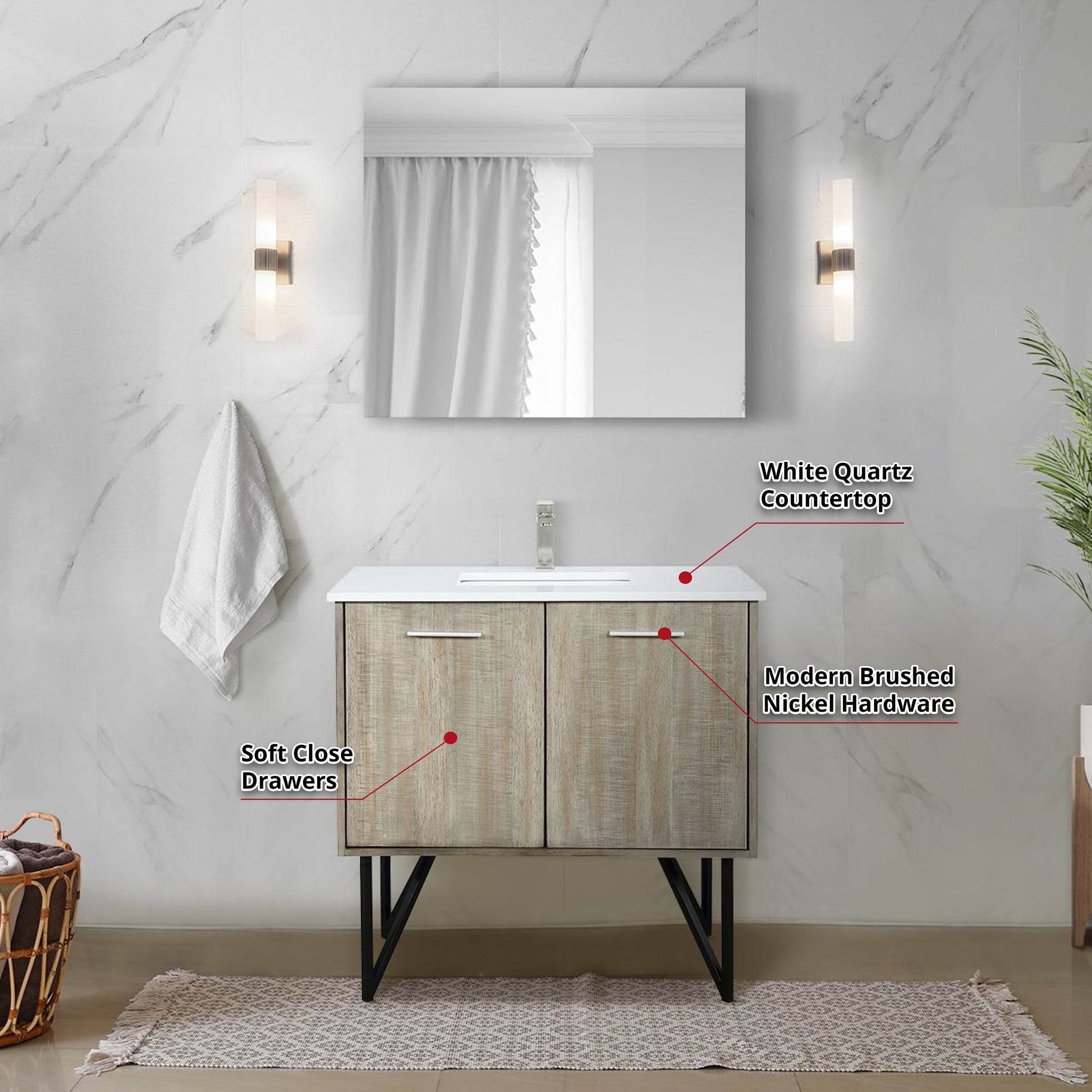 Lancy 36" Rustic Acacia Bathroom Vanity, White Quartz Top, White Square Sink, Labaro Brushed Nickel Faucet Set, and 28" Frameless Mirror