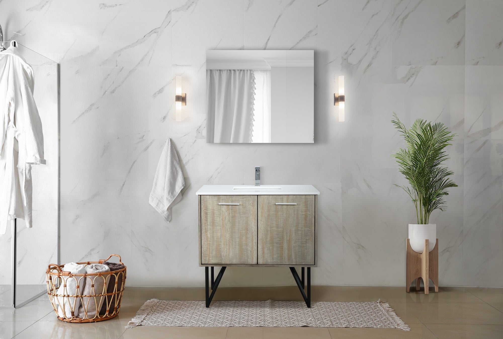 Lancy 36" Rustic Acacia Bathroom Vanity, White Quartz Top, White Square Sink, Monte Chrome Faucet Set, and 28" Frameless Mirror