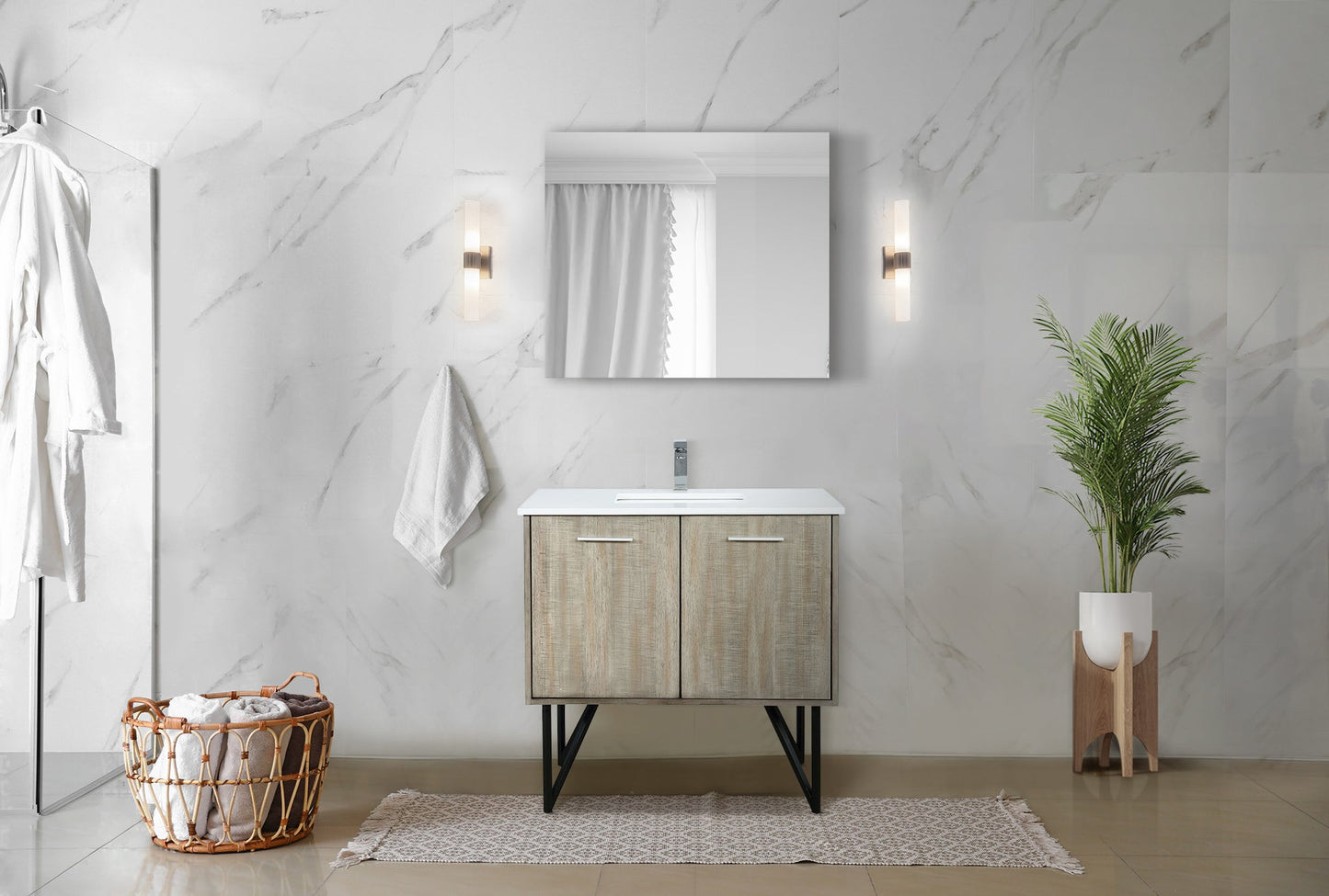Lancy 36 in. Rustic Acacia  Freestanding Bathroom Vanity with White Quartz Top, White Square Sink, and Monte Chrome Faucet Set