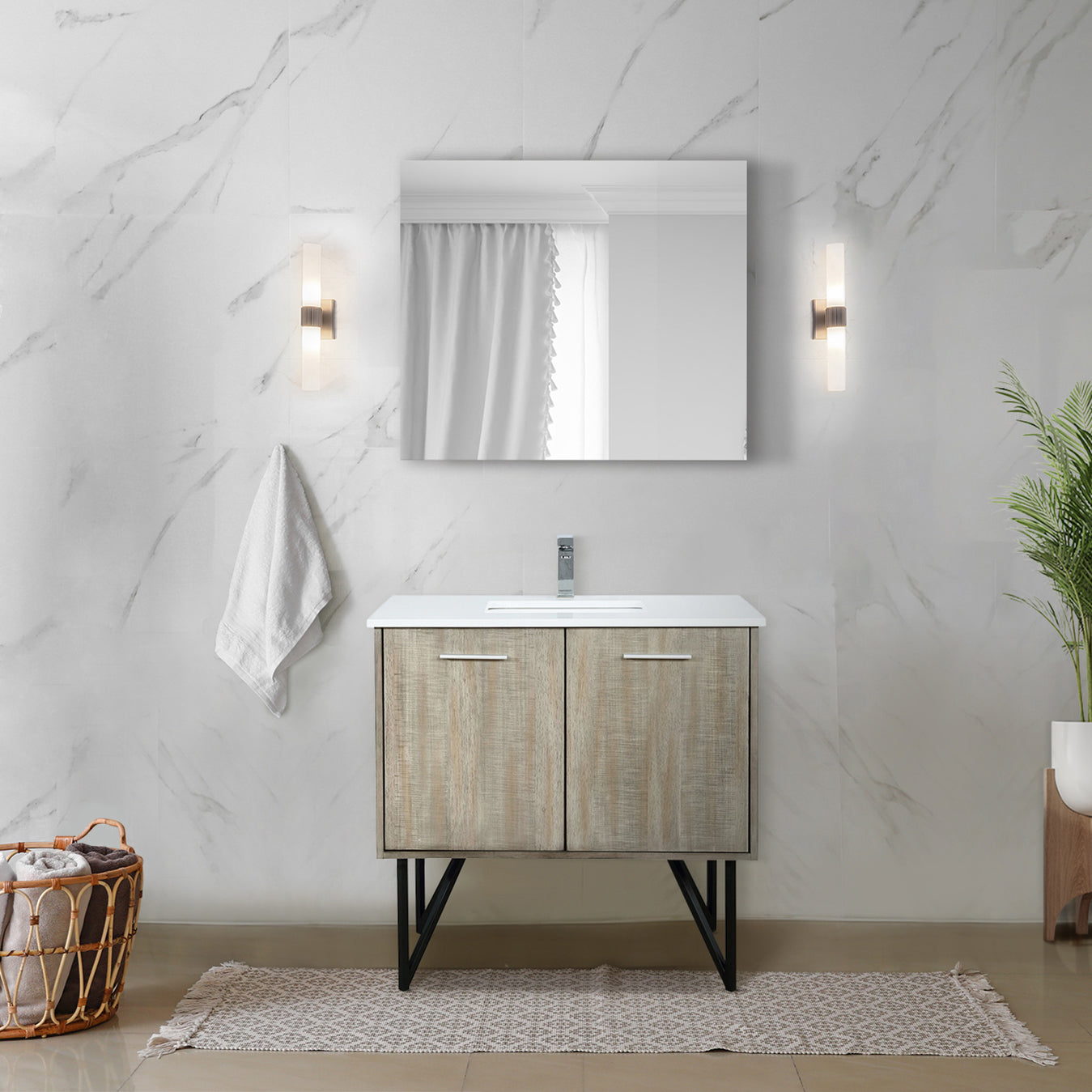 Lancy 36 in. Rustic Acacia  Freestanding Bathroom Vanity with White Quartz Top, White Square Sink, and Monte Chrome Faucet Set