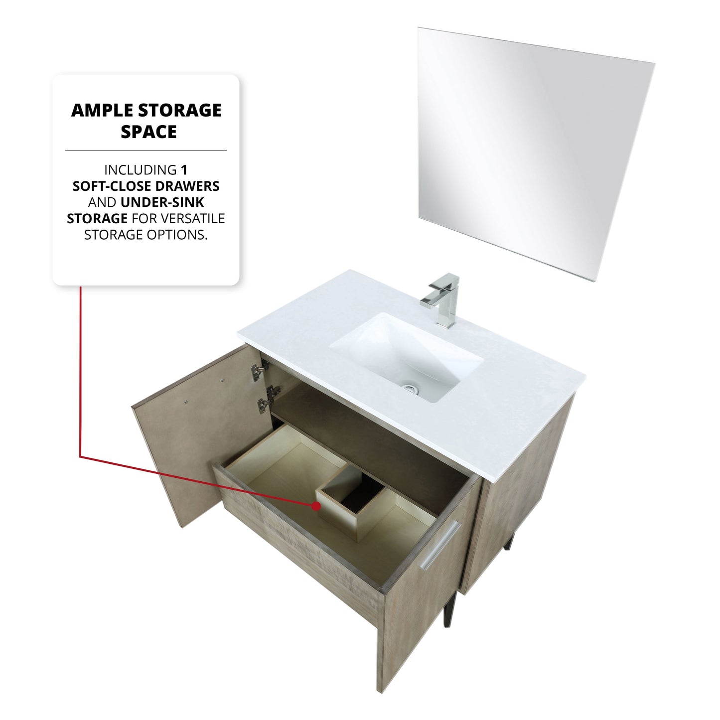 Lancy 36 in. Rustic Acacia  Freestanding Bathroom Vanity with White Quartz Top, White Square Sink, and Monte Chrome Faucet Set
