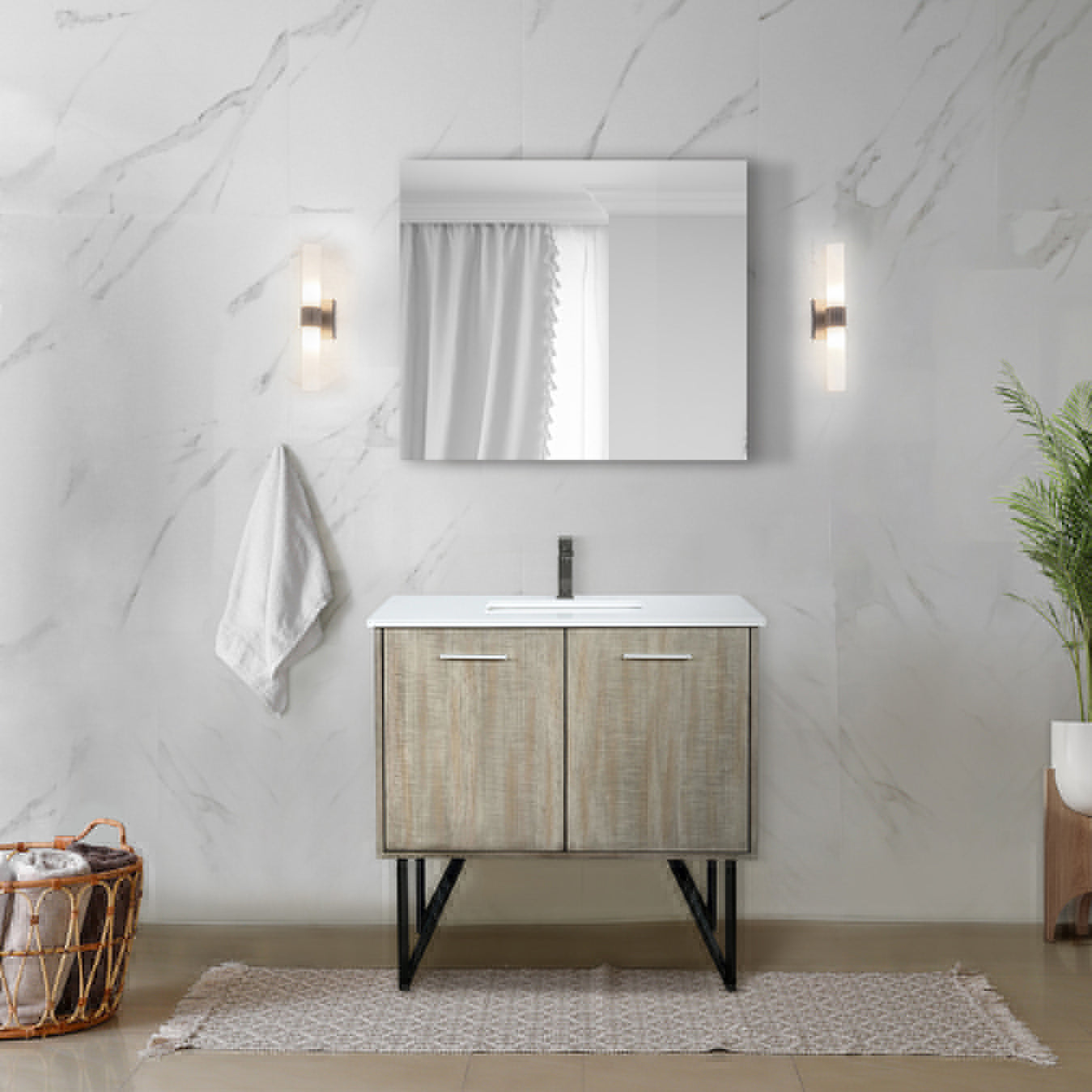 Lancy 36" Rustic Acacia Bathroom Vanity, White Quartz Top, White Square Sink, Balzani Gun Metal Faucet Set, and 28" Frameless Mirror