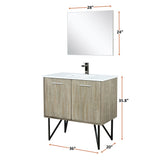 Lancy 36" Rustic Acacia Bathroom Vanity, White Quartz Top, White Square Sink, Balzani Gun Metal Faucet Set, and 28" Frameless Mirror