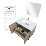 Lancy 36" Rustic Acacia Bathroom Vanity, White Quartz Top, White Square Sink, and 28" Frameless Mirror