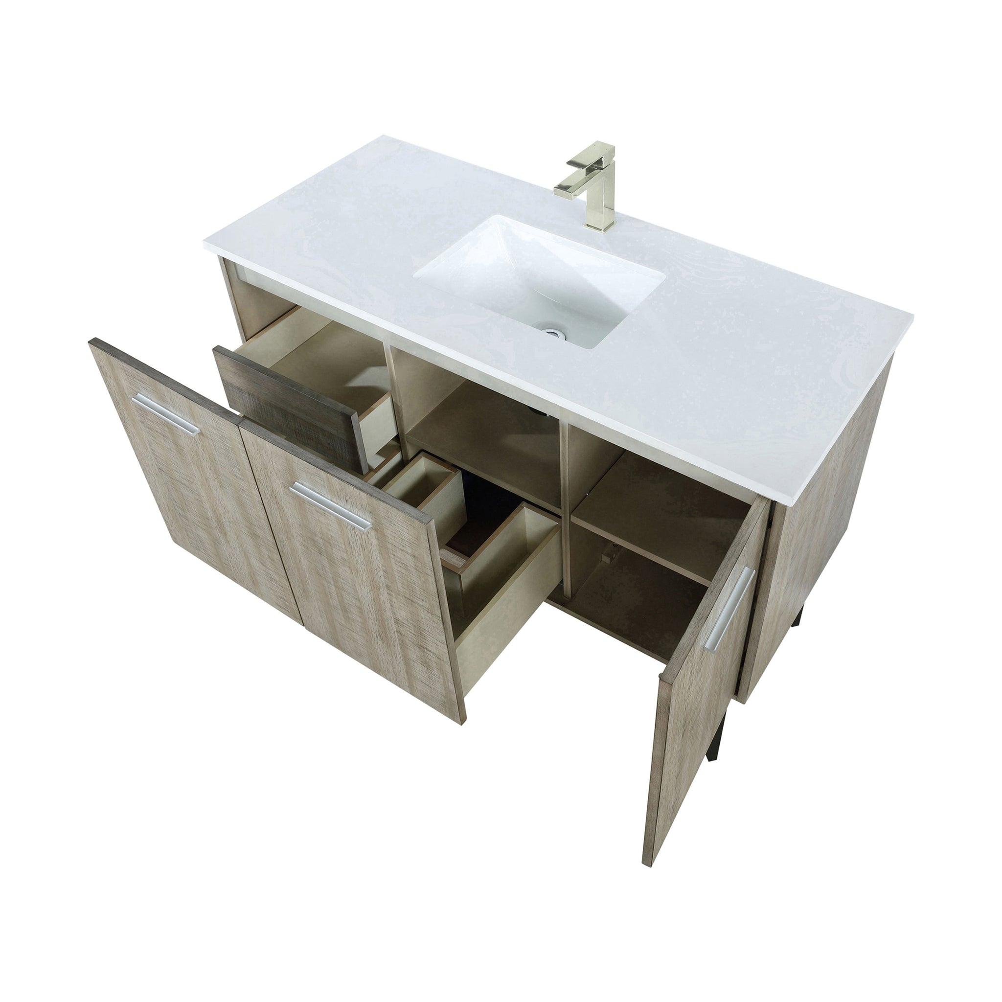 Lancy 48 in. Rustic Acacia  Freestanding Bathroom Vanity with White Quartz Top, White Square Sink, and Labaro Brushed Nickel Faucet Set
