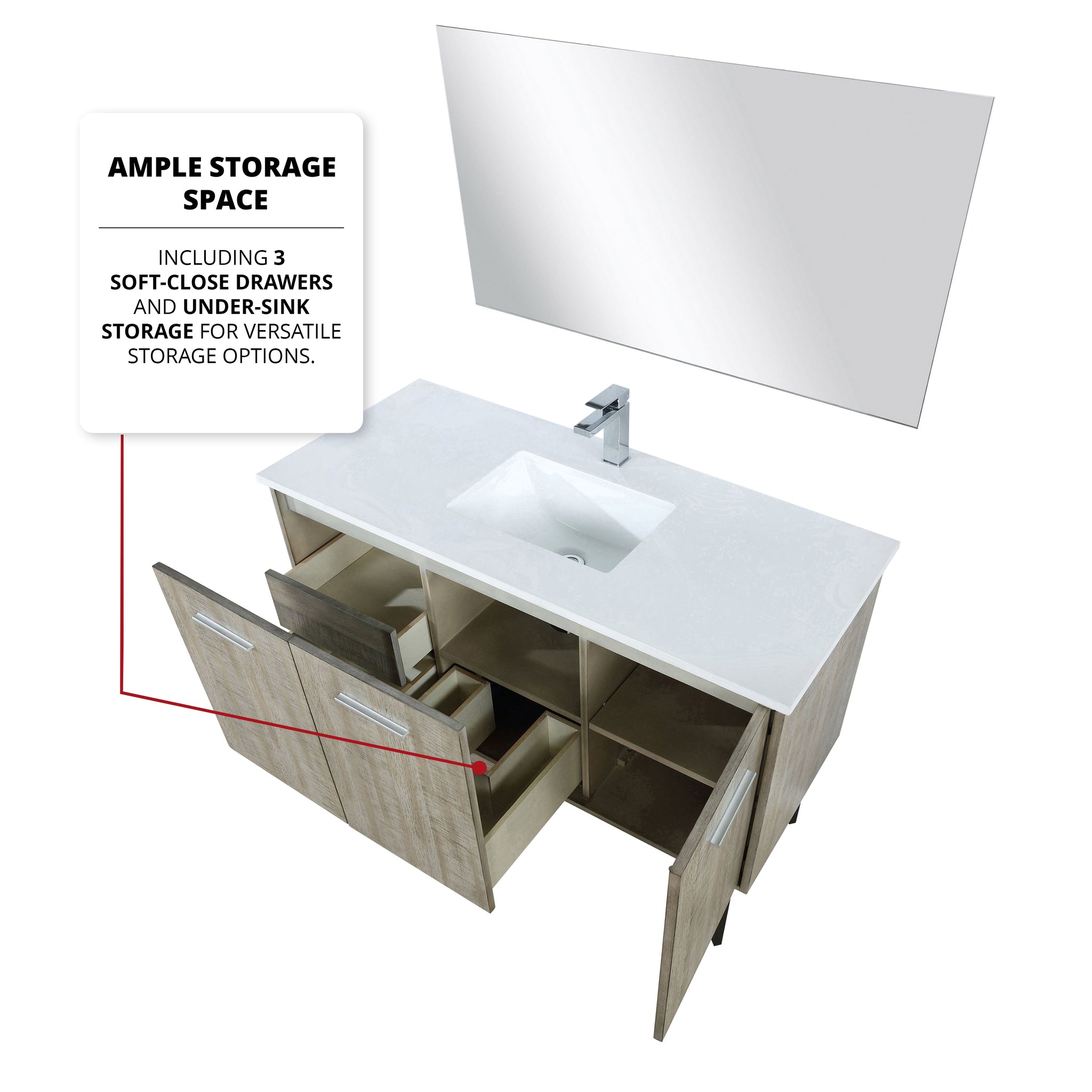 Lancy 48 in. Rustic Acacia  Freestanding Bathroom Vanity with White Quartz Top, White Square Sink, and Monte Chrome Faucet Set