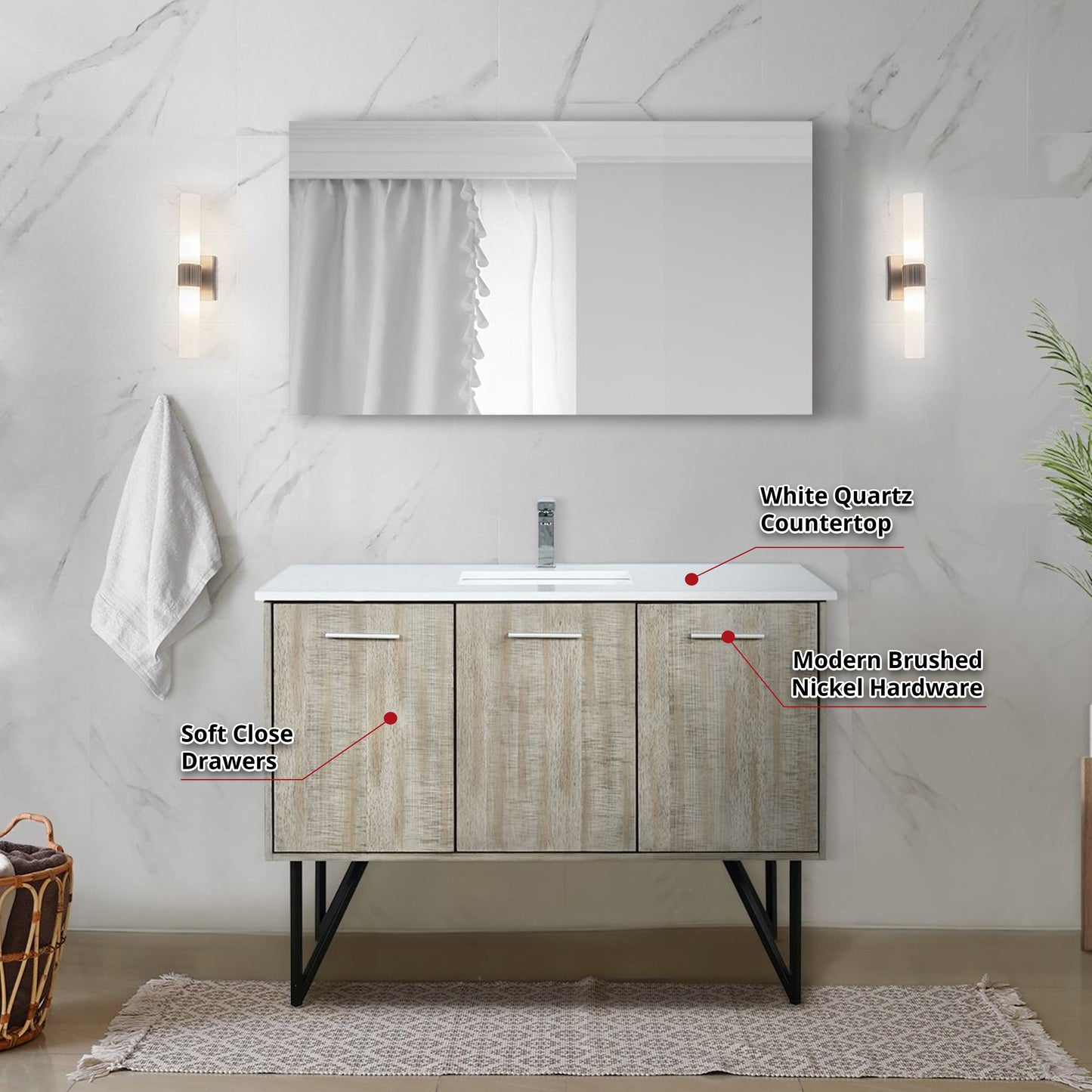 Lancy 48 in. Rustic Acacia  Freestanding Bathroom Vanity with White Quartz Top, White Square Sink, and Monte Chrome Faucet Set
