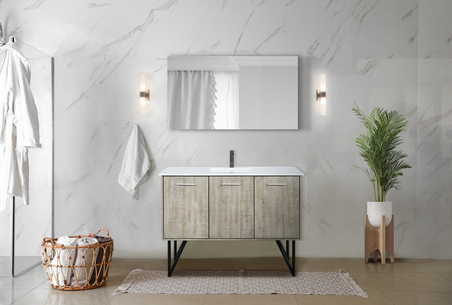 Lancy 48" Rustic Acacia Bathroom Vanity, White Quartz Top, White Square Sink, Balzani Gun Metal Faucet Set, and 43" Frameless Mirror