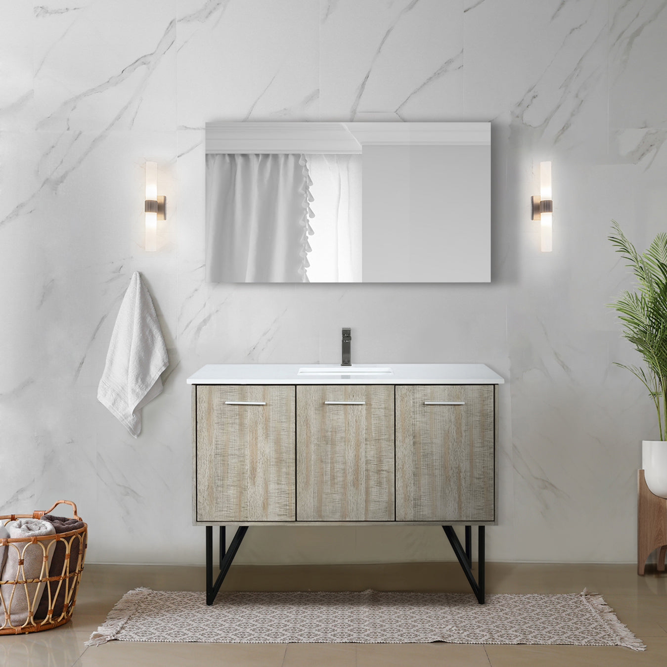Lancy 48" Rustic Acacia Bathroom Vanity, White Quartz Top, White Square Sink, Balzani Gun Metal Faucet Set, and 43" Frameless Mirror