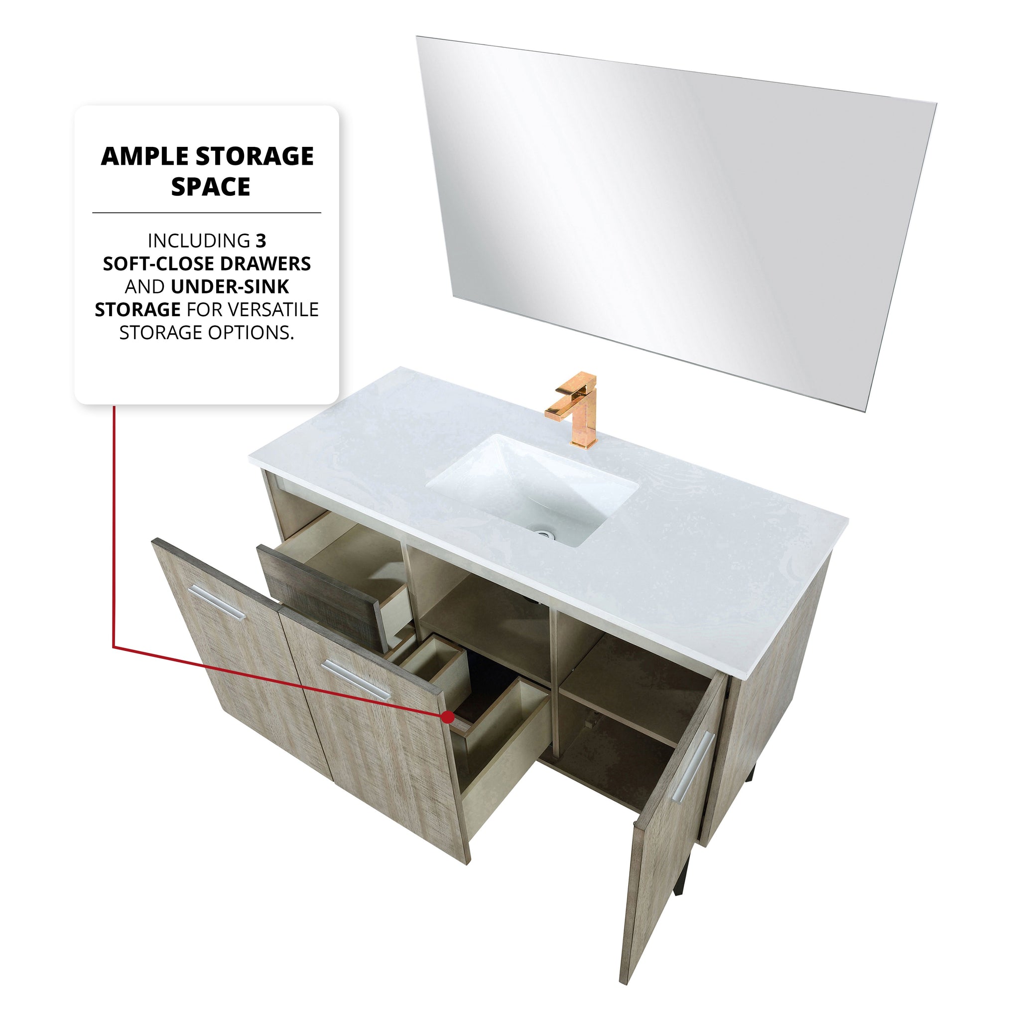 Lancy 48" Rustic Acacia Bathroom Vanity, White Quartz Top, White Square Sink, and 43" Frameless Mirror