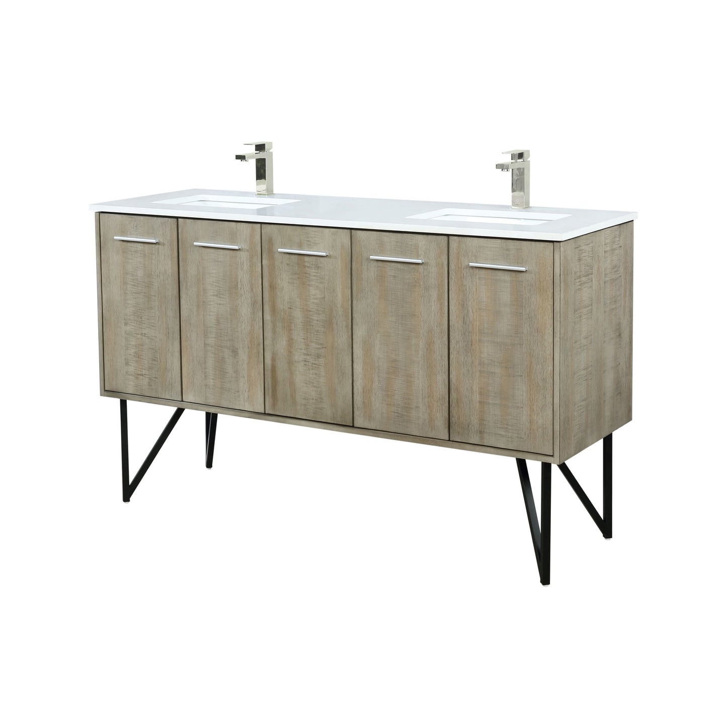 Lancy 60 in. Rustic Acacia  Freestanding Bathroom Vanity with White Quartz Top, White Square Sink, and Labaro Brushed Nickel Faucet Set