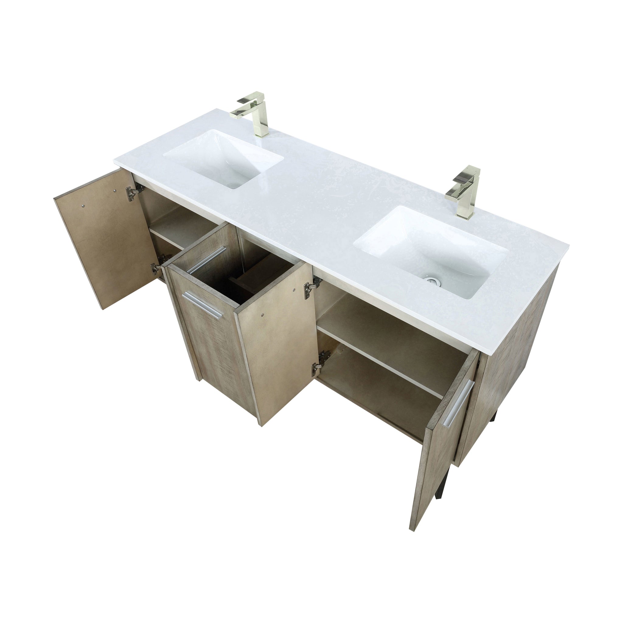 Lancy 60 in. Rustic Acacia  Freestanding Bathroom Vanity with White Quartz Top, White Square Sink, and Labaro Brushed Nickel Faucet Set