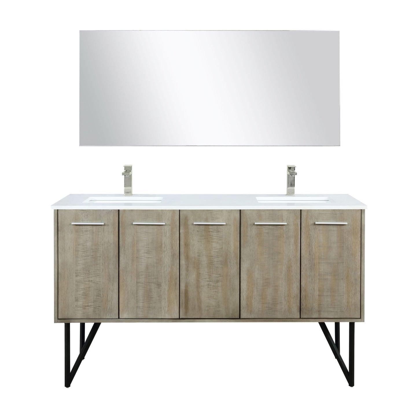 Lancy 60" Rustic Acacia Double Bathroom Vanity, White Quartz Top, White Square Sinks, Labaro Brushed Nickel Faucet Set, and 55" Frameless Mirror