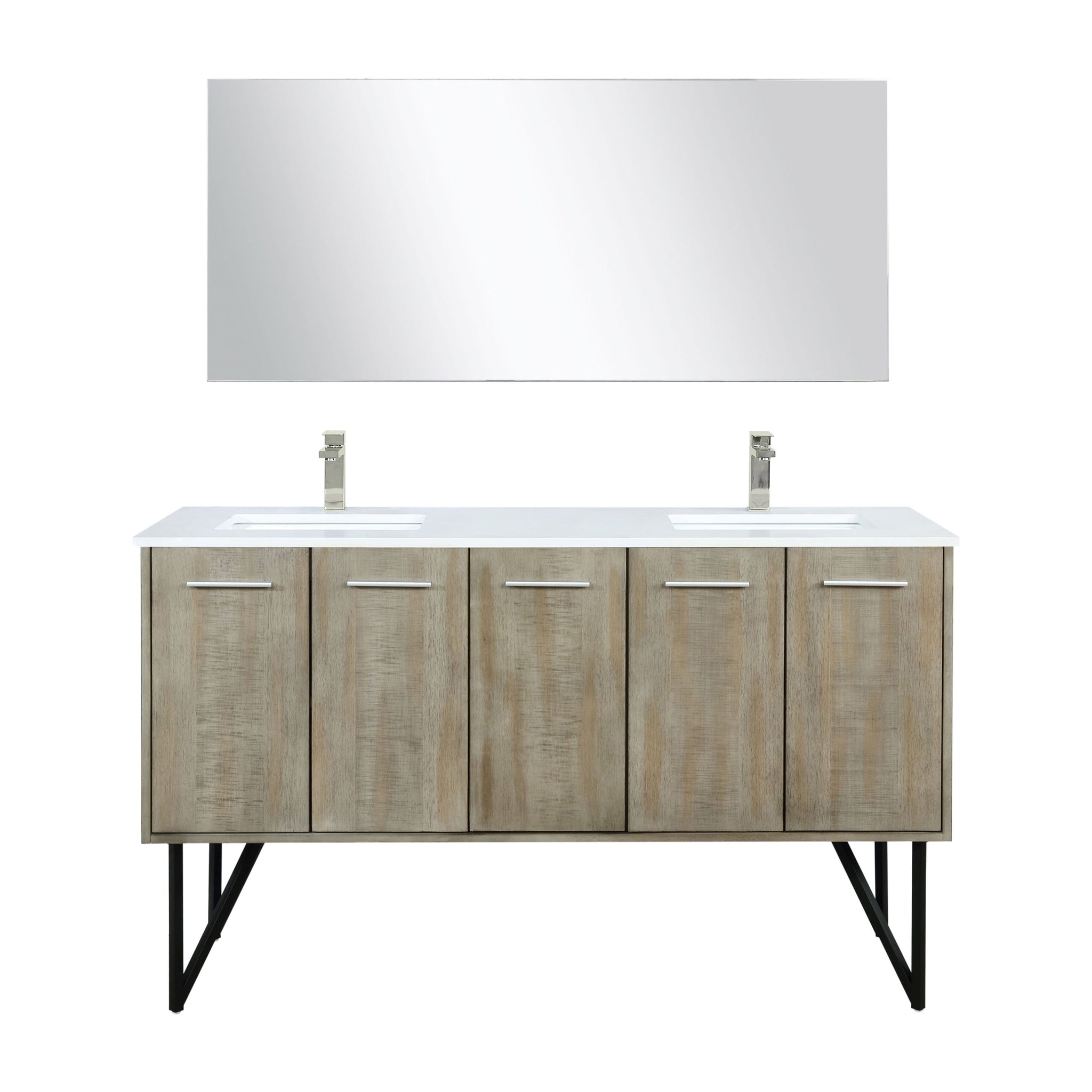 Lancy 60" Rustic Acacia Double Bathroom Vanity, White Quartz Top, White Square Sinks, Labaro Brushed Nickel Faucet Set, and 55" Frameless Mirror