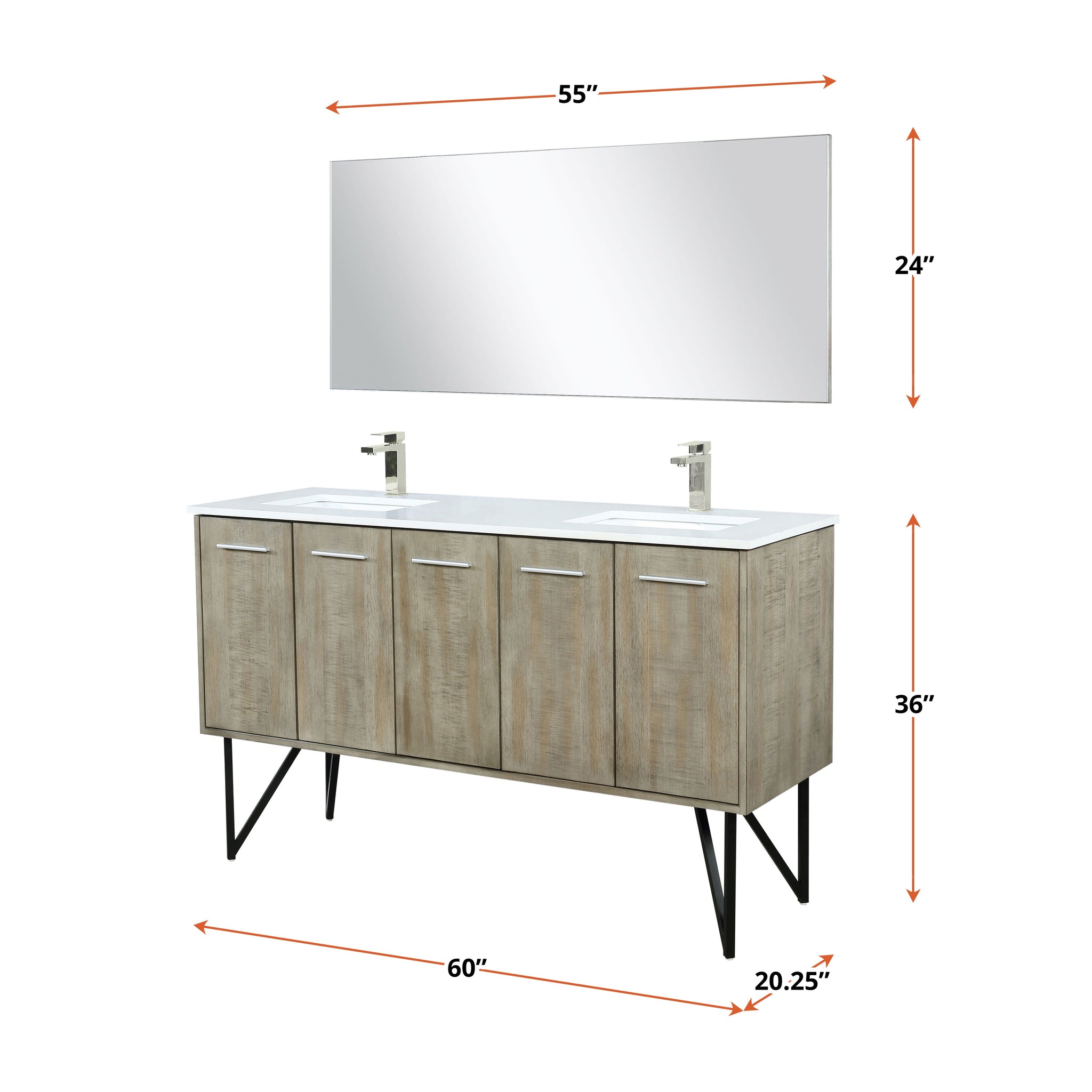 Lancy 60" Rustic Acacia Double Bathroom Vanity, White Quartz Top, White Square Sinks, Labaro Brushed Nickel Faucet Set, and 55" Frameless Mirror