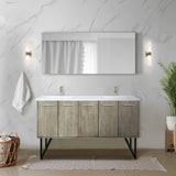 Lancy 60" Rustic Acacia Double Bathroom Vanity, White Quartz Top, White Square Sinks, and 55" Frameless Mirror