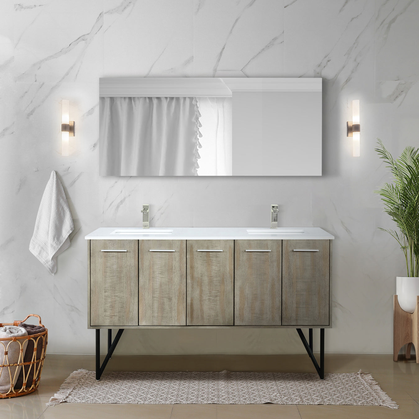 Lancy 60" Rustic Acacia Double Bathroom Vanity, White Quartz Top, White Square Sinks, and 55" Frameless Mirror