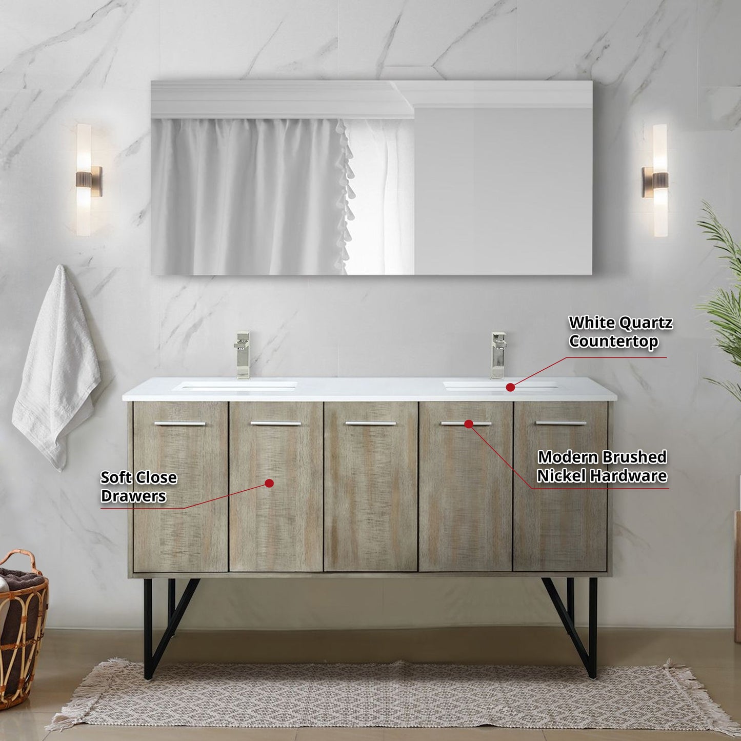 Lancy 60" Rustic Acacia Double Bathroom Vanity, White Quartz Top, White Square Sinks, Labaro Brushed Nickel Faucet Set, and 55" Frameless Mirror