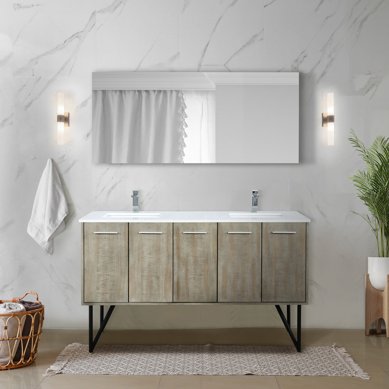 Lancy 60 in. Rustic Acacia  Freestanding Bathroom Vanity with White Quartz Top, White Square Sink, and Monte Chrome Faucet Set