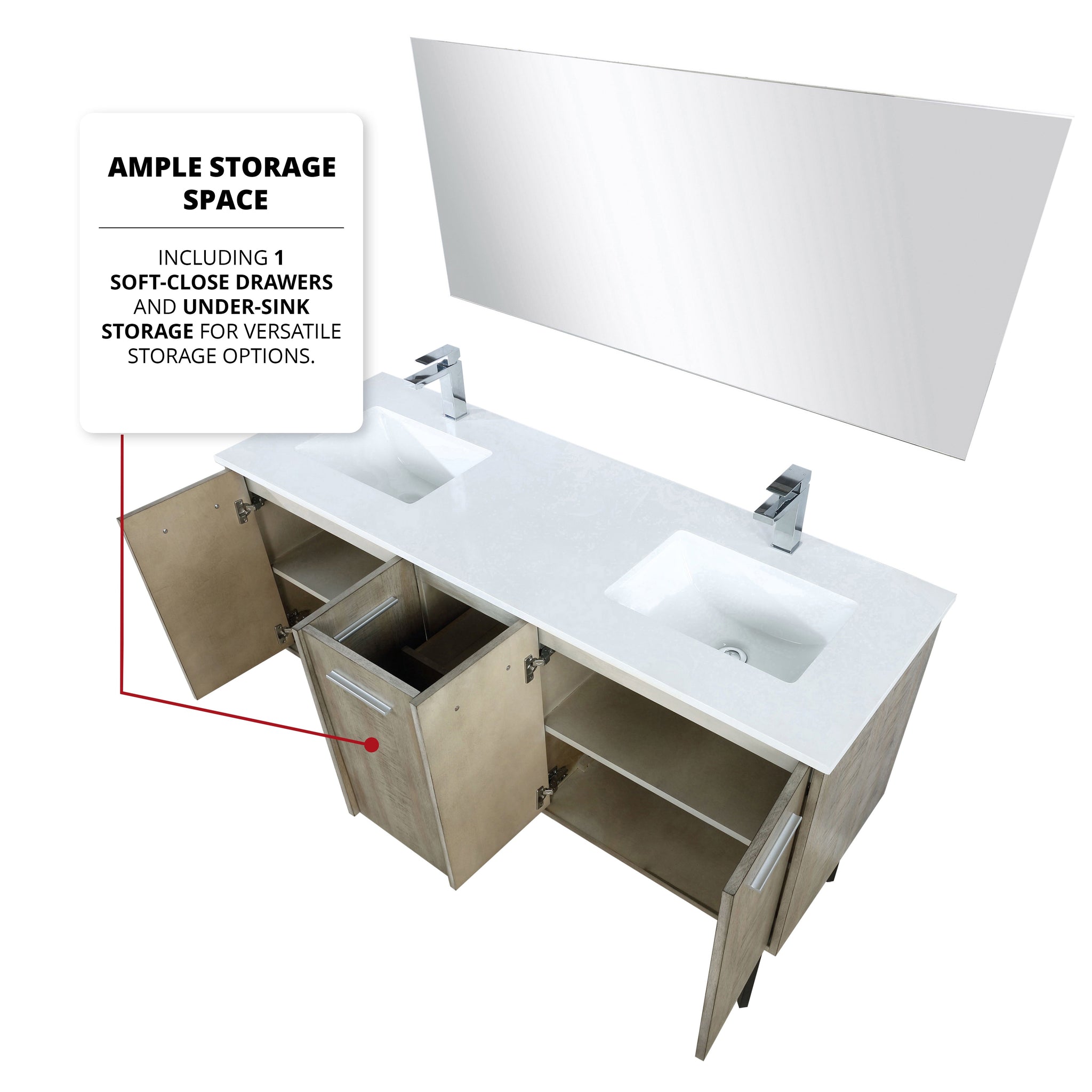 Lancy 60" Rustic Acacia Double Bathroom Vanity, White Quartz Top, White Square Sinks, and 55" Frameless Mirror