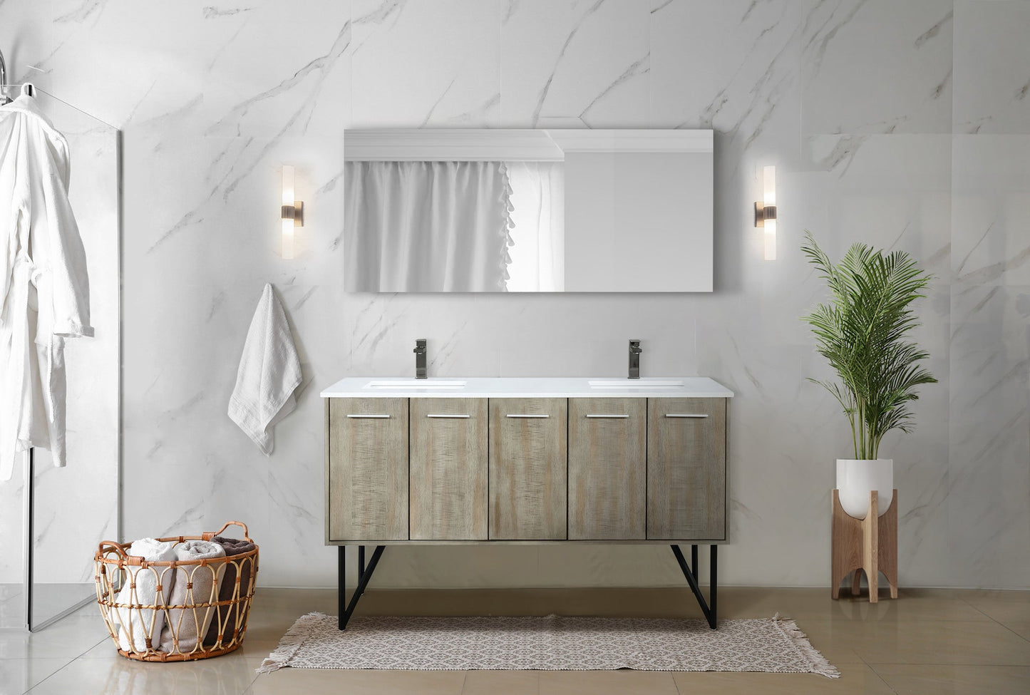 Lancy 60 in. Rustic Acacia  Freestanding Bathroom Vanity with White Quartz Top, White Square Sink, and Balzani Gun Metal Faucet Set