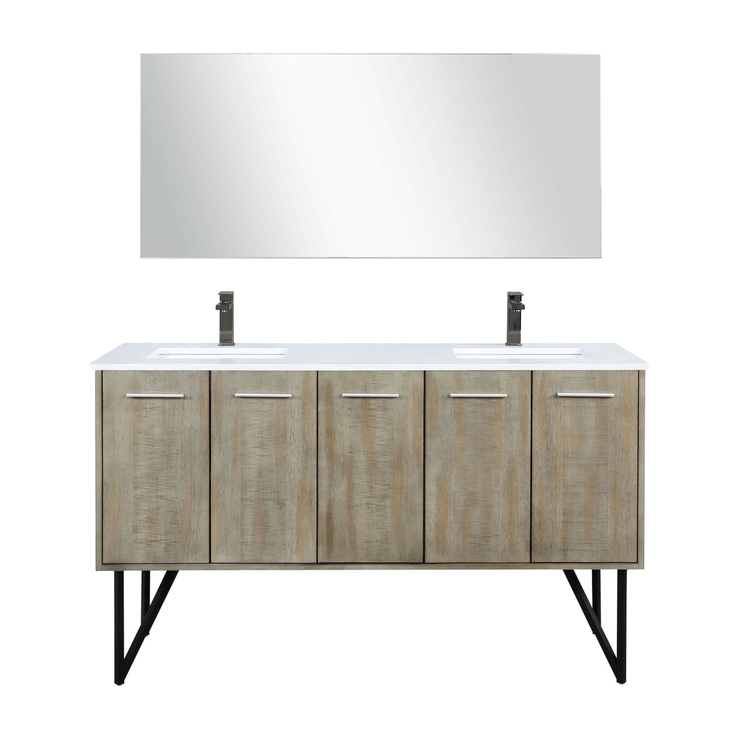 Lancy 60" Rustic Acacia Double Bathroom Vanity, White Quartz Top, White Square Sinks, Balzani Gun Metal Faucet Set, and 55" Frameless Mirror