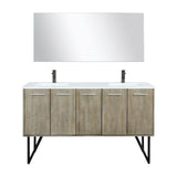Lancy 60" Rustic Acacia Double Bathroom Vanity, White Quartz Top, White Square Sinks, Balzani Gun Metal Faucet Set, and 55" Frameless Mirror