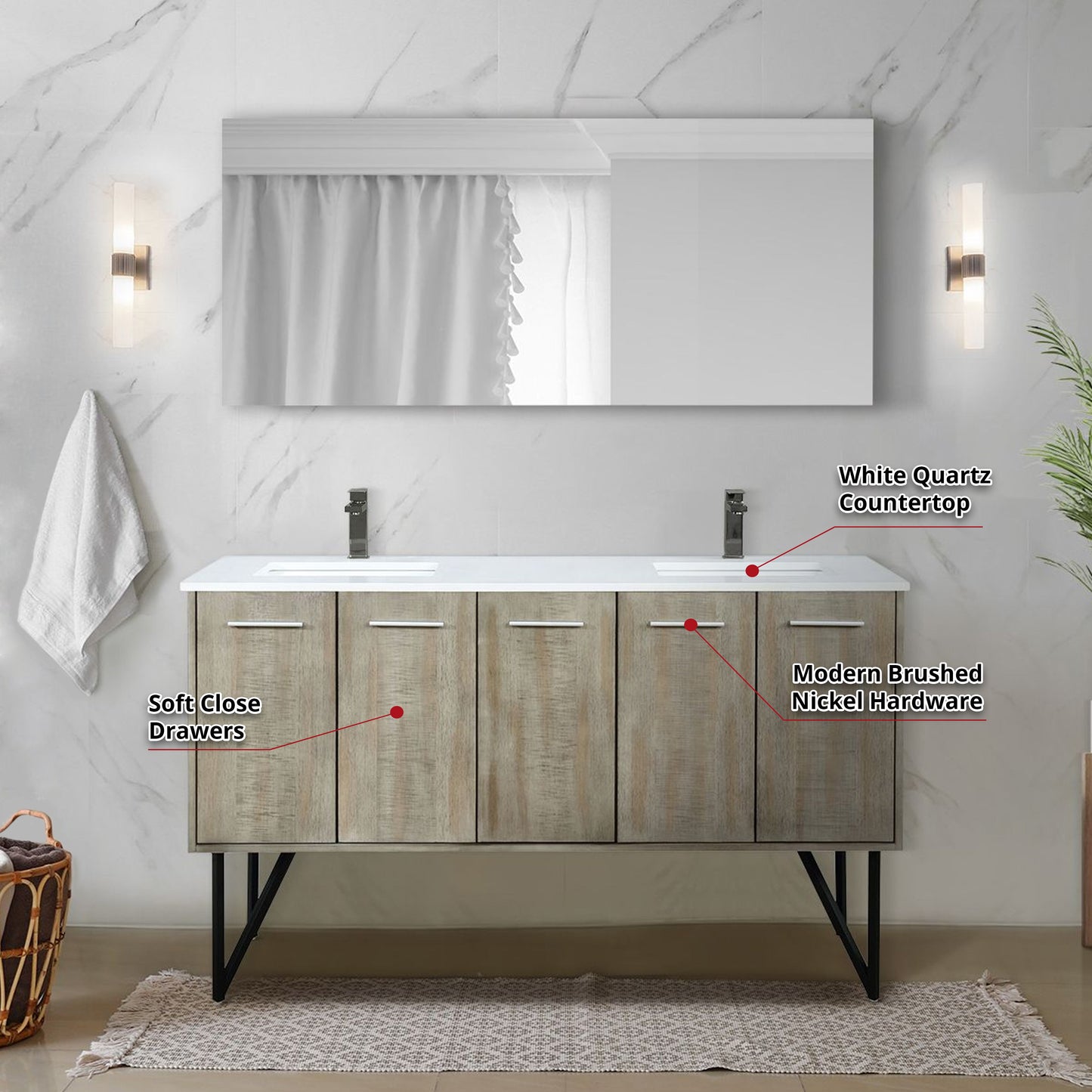 Lancy 60 in. Rustic Acacia  Freestanding Bathroom Vanity with White Quartz Top, White Square Sink, and Balzani Gun Metal Faucet Set