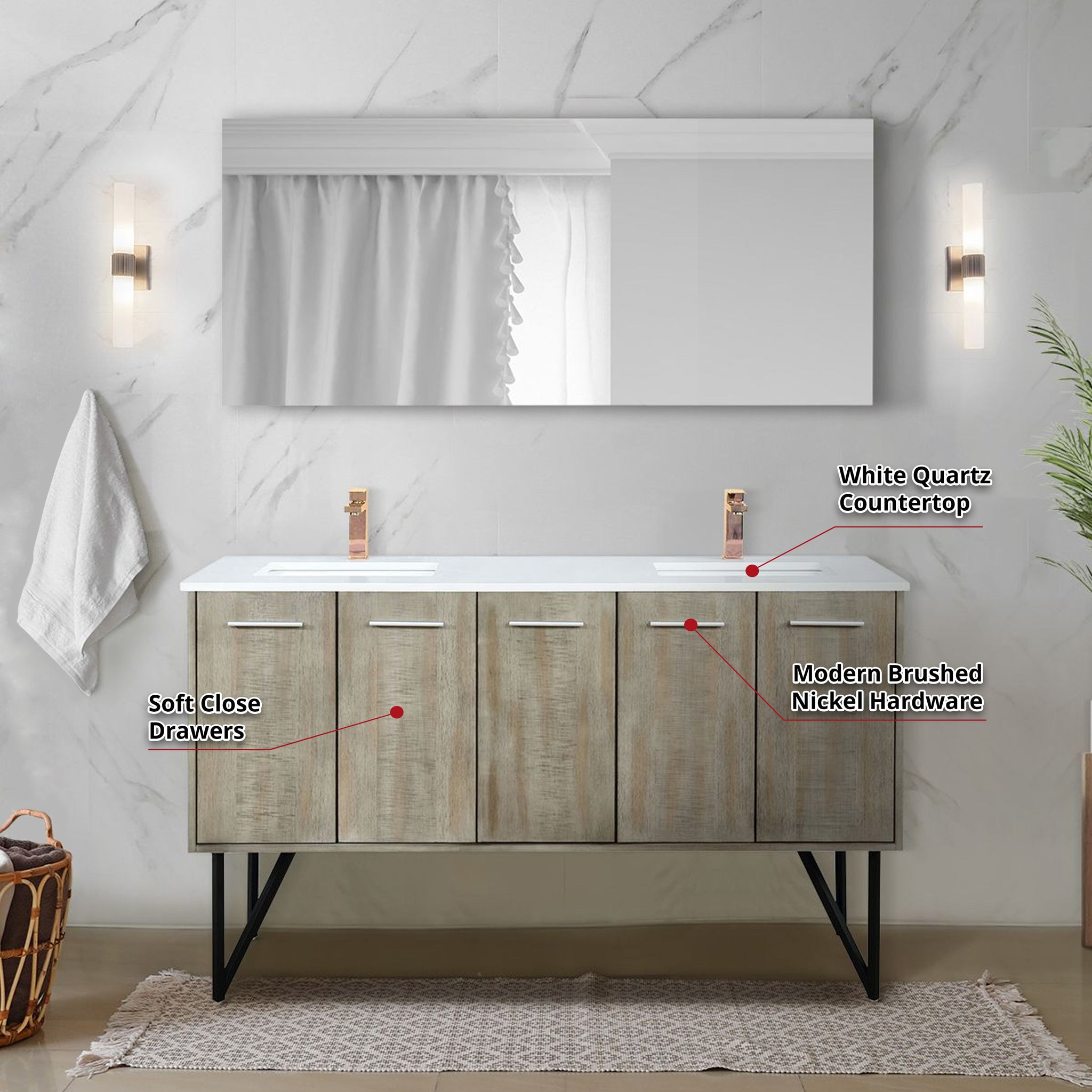 Lancy 60 in. Rustic Acacia  Freestanding Bathroom Vanity with White Quartz Top, White Square Sink, and Monte Chrome Faucet Set