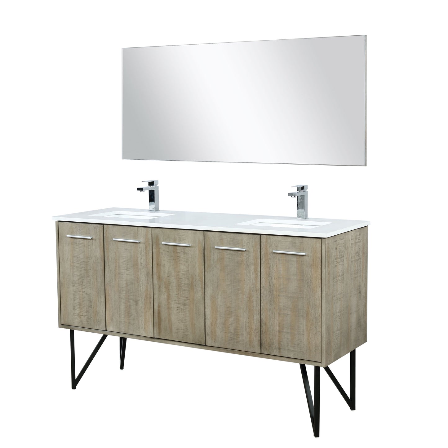 Lancy 60" Rustic Acacia Double Bathroom Vanity, White Quartz Top, White Square Sinks, Monte Chrome Faucet Set, and 55" Frameless Mirror