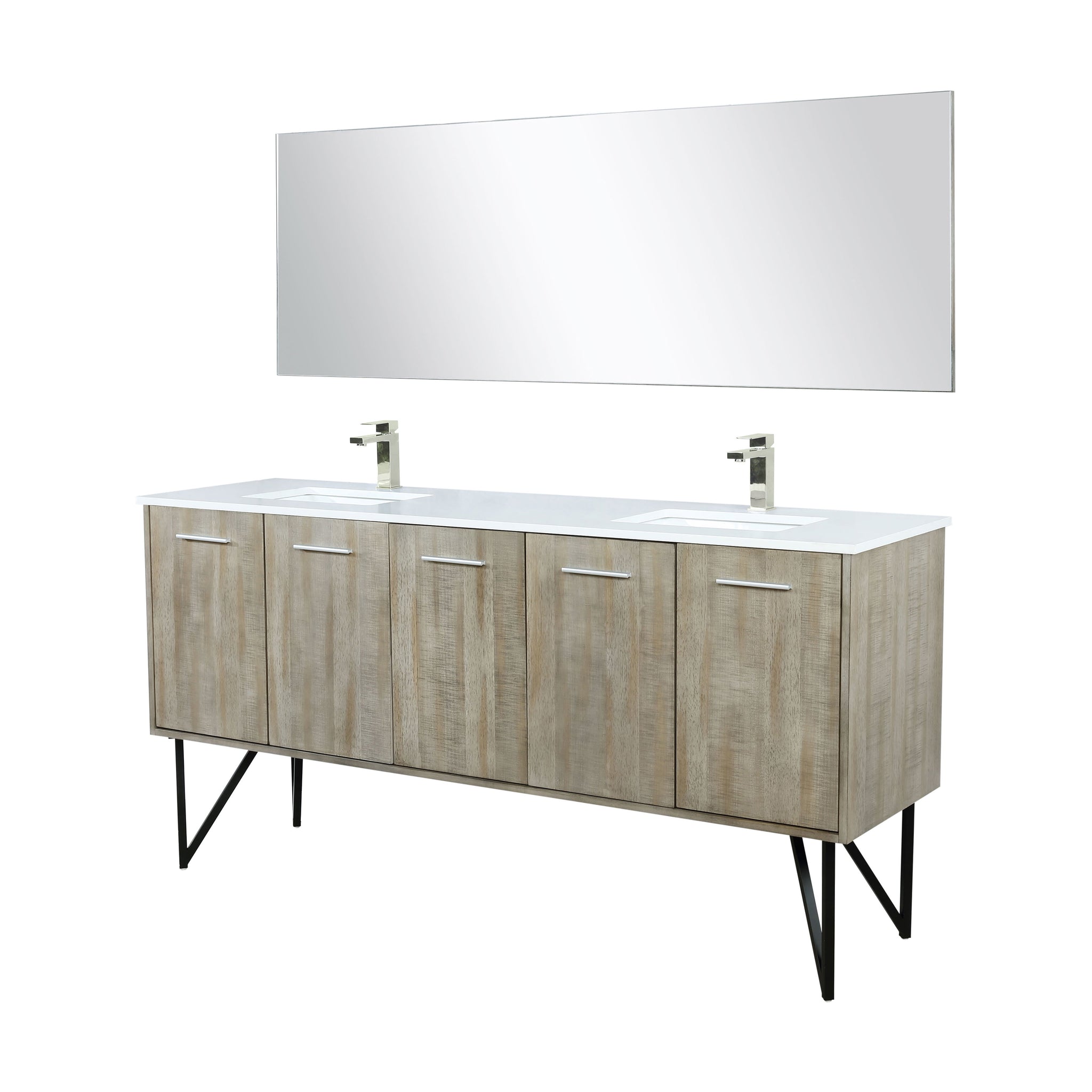Lancy 72" Rustic Acacia Double Bathroom Vanity, White Quartz Top, White Square Sinks, Labaro Brushed Nickel Faucet Set, and 70" Frameless Mirror