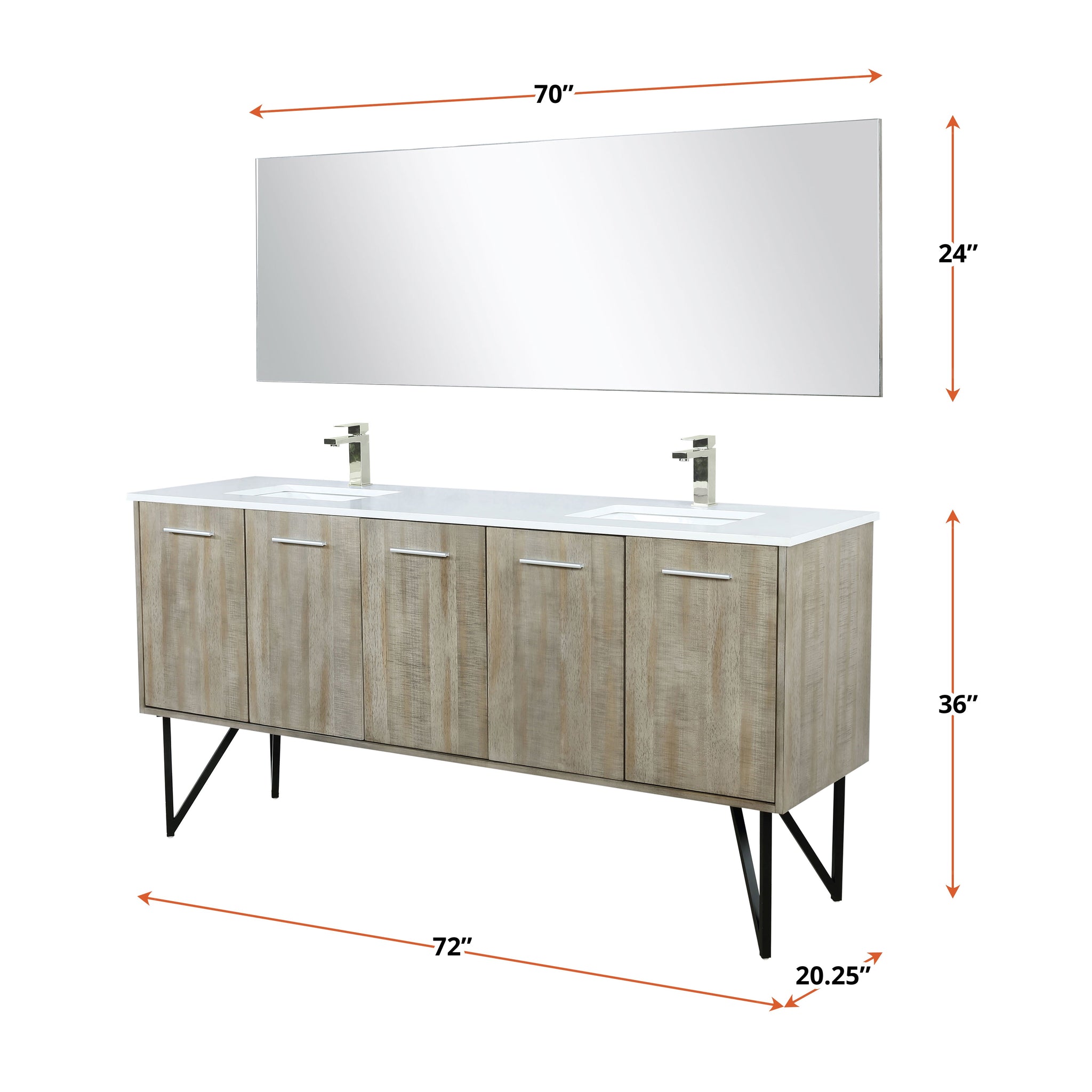 Lancy 72" Rustic Acacia Double Bathroom Vanity, White Quartz Top, White Square Sinks, Labaro Brushed Nickel Faucet Set, and 70" Frameless Mirror
