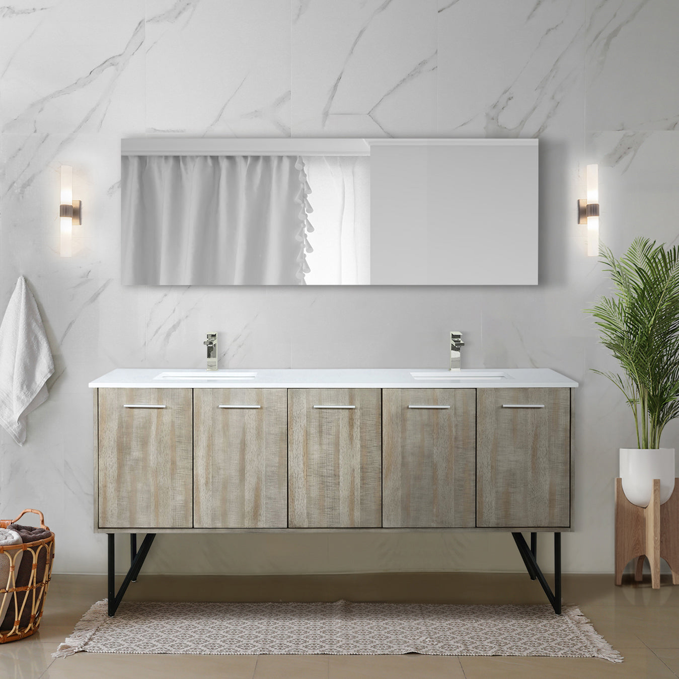 Lancy 72" Rustic Acacia Double Bathroom Vanity, White Quartz Top, White Square Sinks, and 70" Frameless Mirror