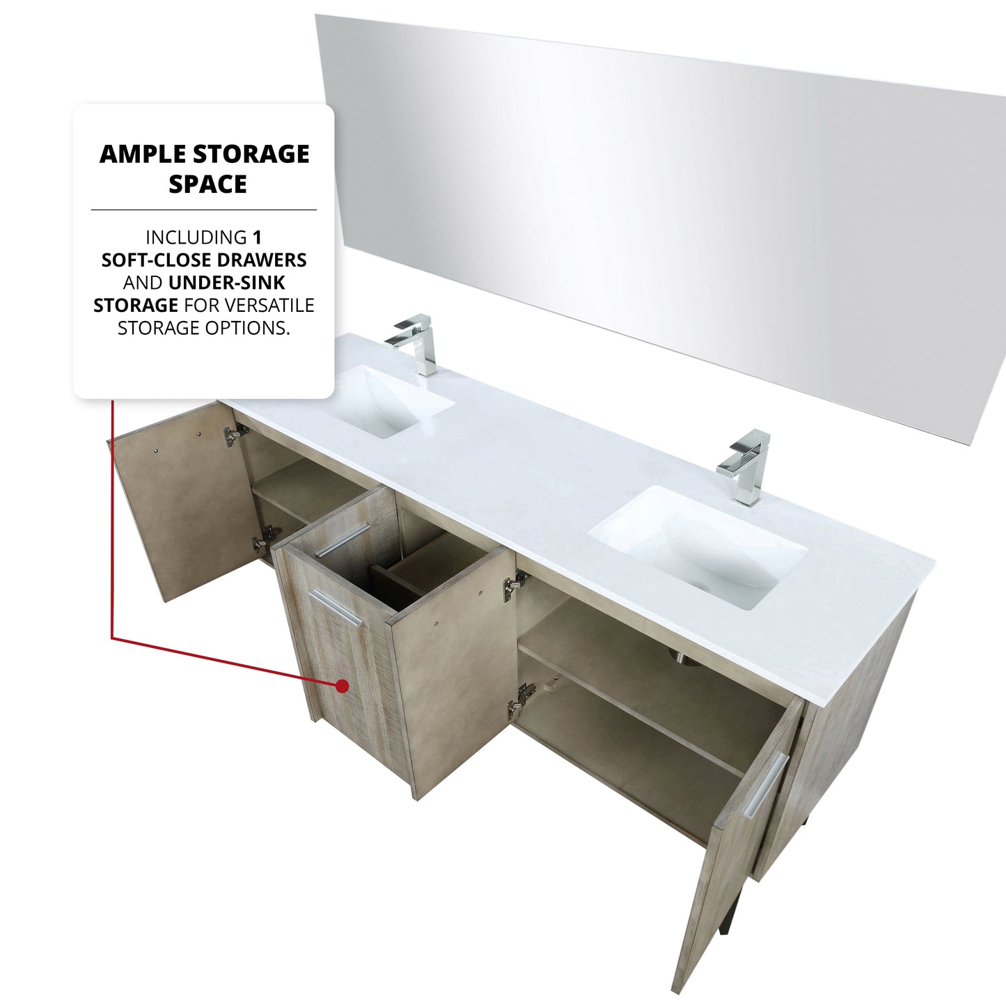 Lancy 72 in. Rustic Acacia  Freestanding Bathroom Vanity with White Quartz Top, White Square Sink, and Monte Chrome Faucet Set