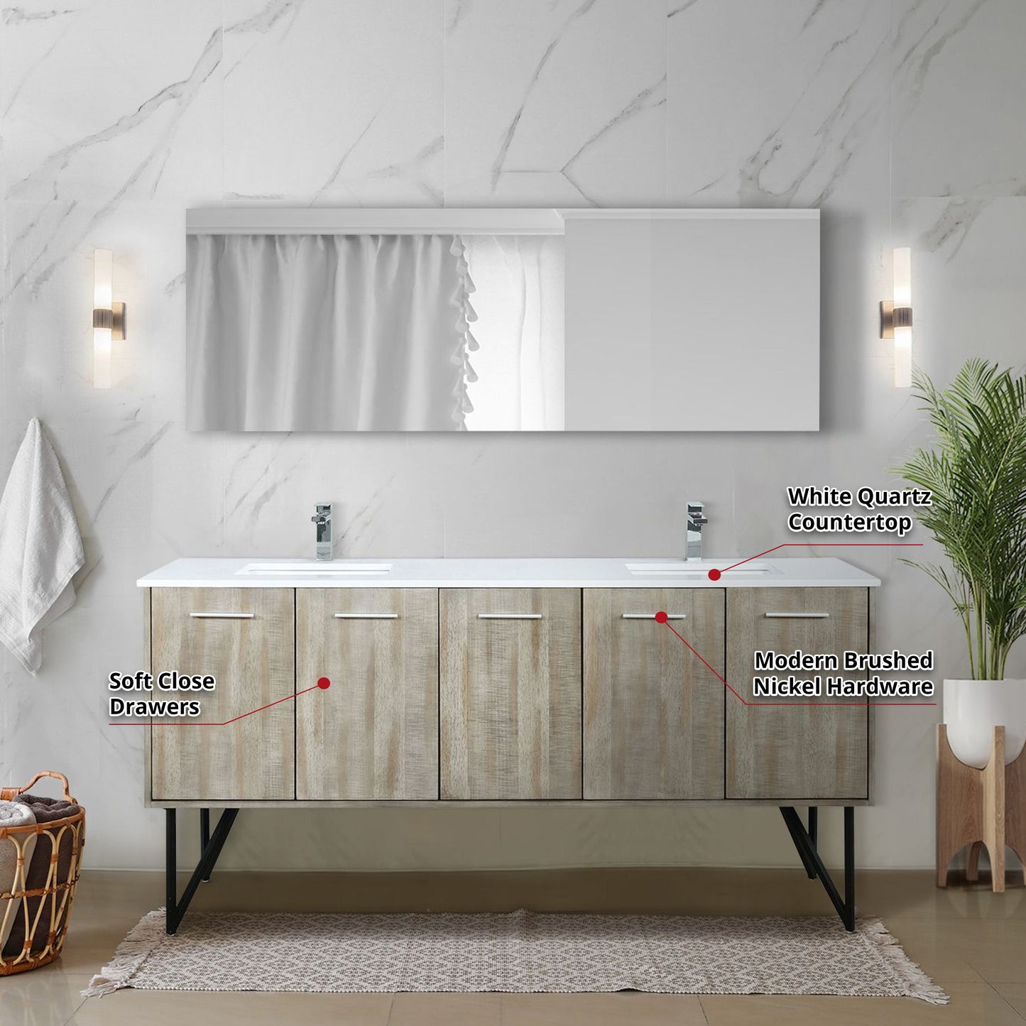 Lancy 72" Rustic Acacia Double Bathroom Vanity, White Quartz Top, White Square Sinks, Monte Chrome Faucet Set, and 70" Frameless Mirror