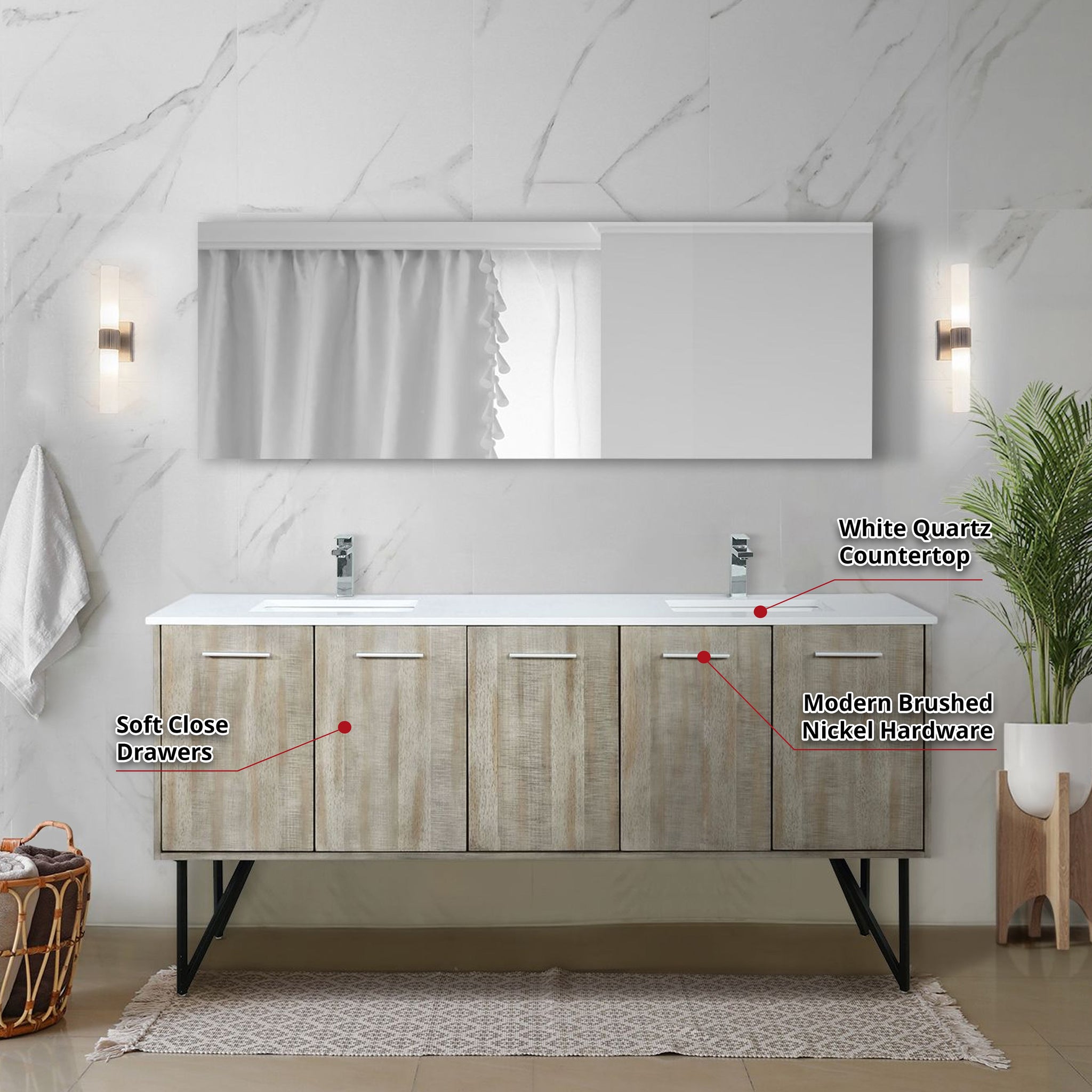 Lancy 72" Rustic Acacia Double Bathroom Vanity, White Quartz Top, White Square Sinks, Monte Chrome Faucet Set, and 70" Frameless Mirror
